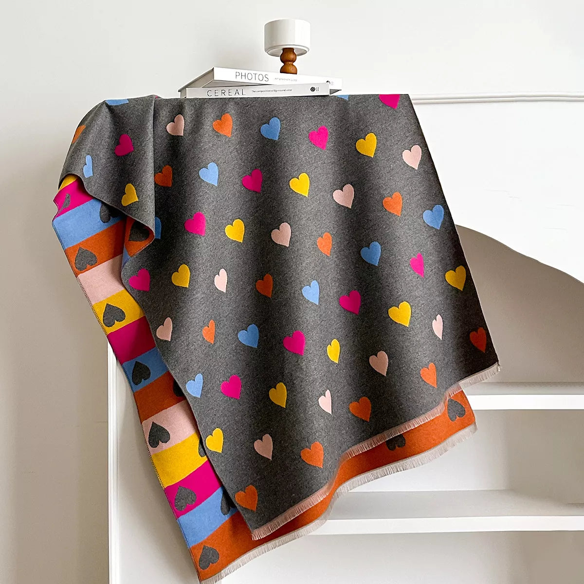 Heart Pattern Fringe Winter Scarf