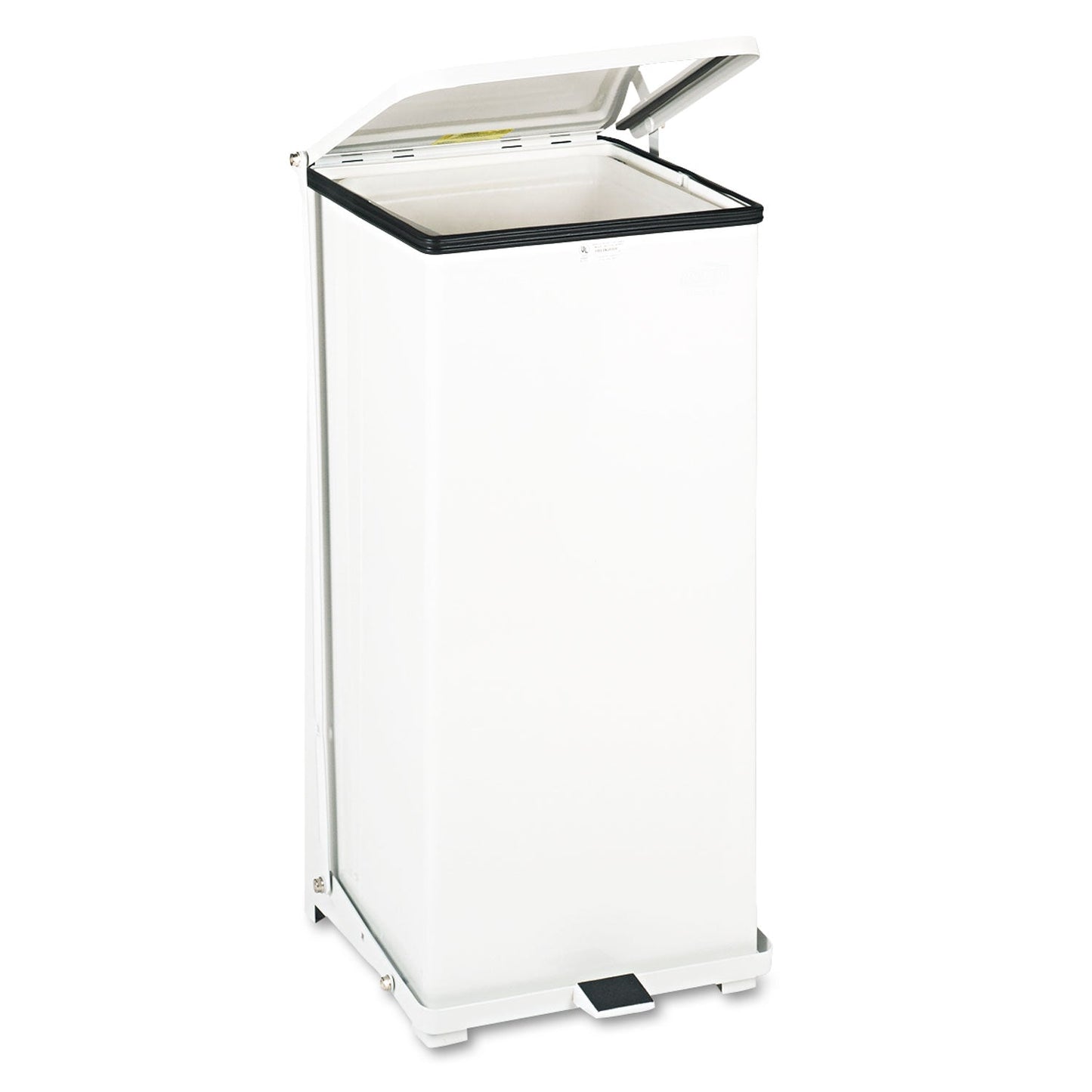 Rubbermaid Defenders Biohazard Step Can, Square, Steel, 13 gal, White