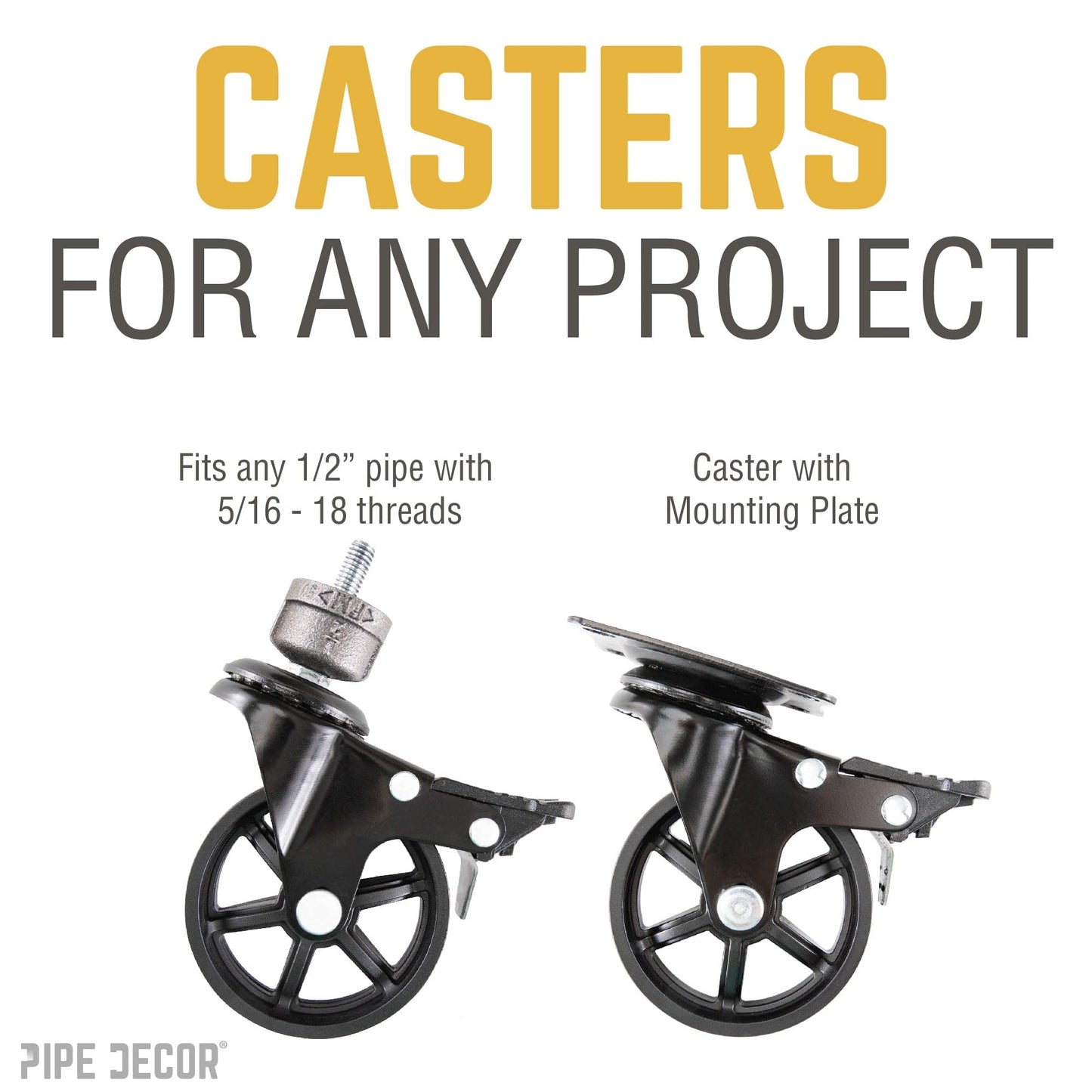 Swivel Caster Wheels for ½” Pipe with Locking Mechanism (4-Pack)