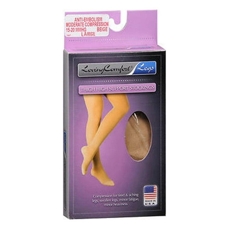 Loving Comfort Anti-Embolism Stockings Thigh High Closed Toe Womens 15-20Mmhg Beige Large