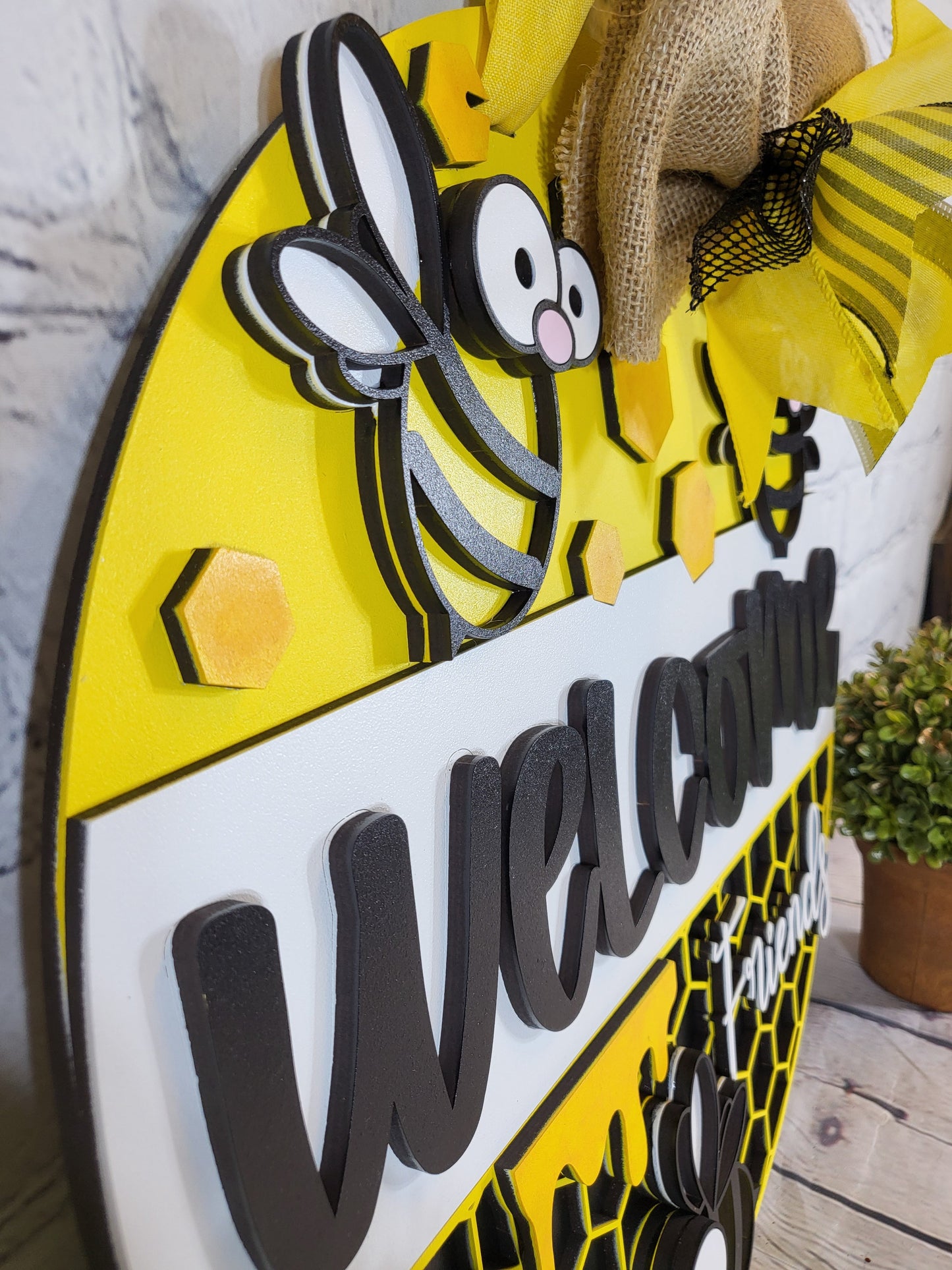 Welcome Friends Cartoon Bee Door Hanger - Finished