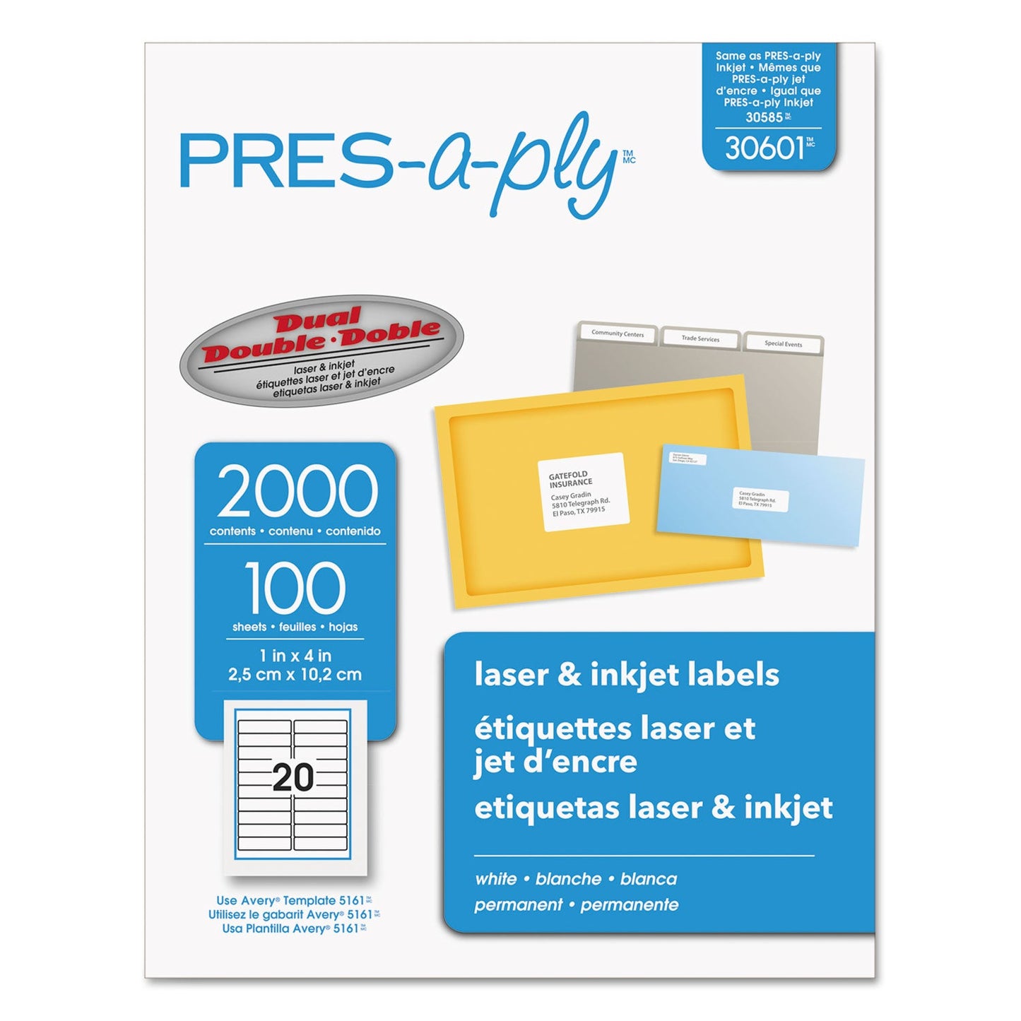 PRES-a-ply Labels, Laser Printers, 1 x 4, White, 20/Sheet, 100 Sheets/Box