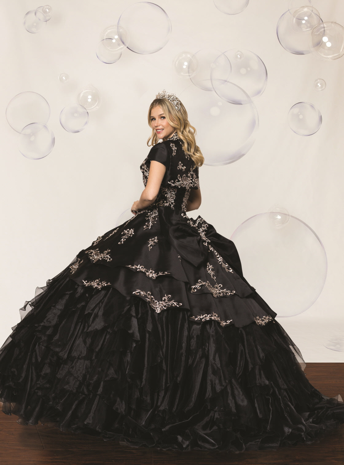 (LIVE 40) Quinceanera Ball Gown Dress Flounced Skirt Formal Party Dress for Special Occasions Black