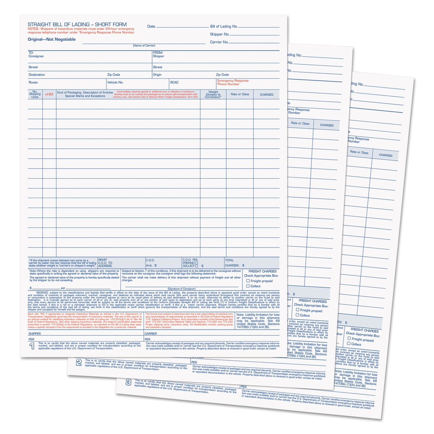 TOPS Bill of Lading,16-Line, Three-Part Carbonless, 8.5 x 11, 1/Page, 50 Forms