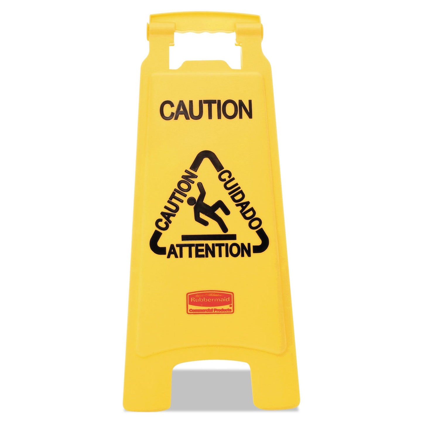 Rubbermaid Multilingual "Caution" Floor Sign, 11 x 12 x 25, Bright Yellow