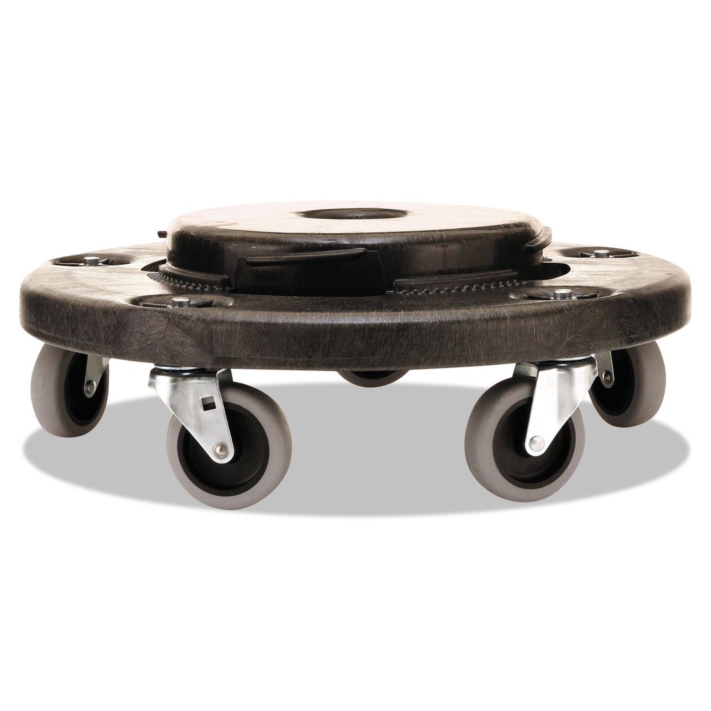 Rubbermaid Brute Round Twist On/Off Dolly, 250 lb Capacity, 18" dia x 6.63"h, Fits 20 to 55 Gallon BRUTE Containers, Black