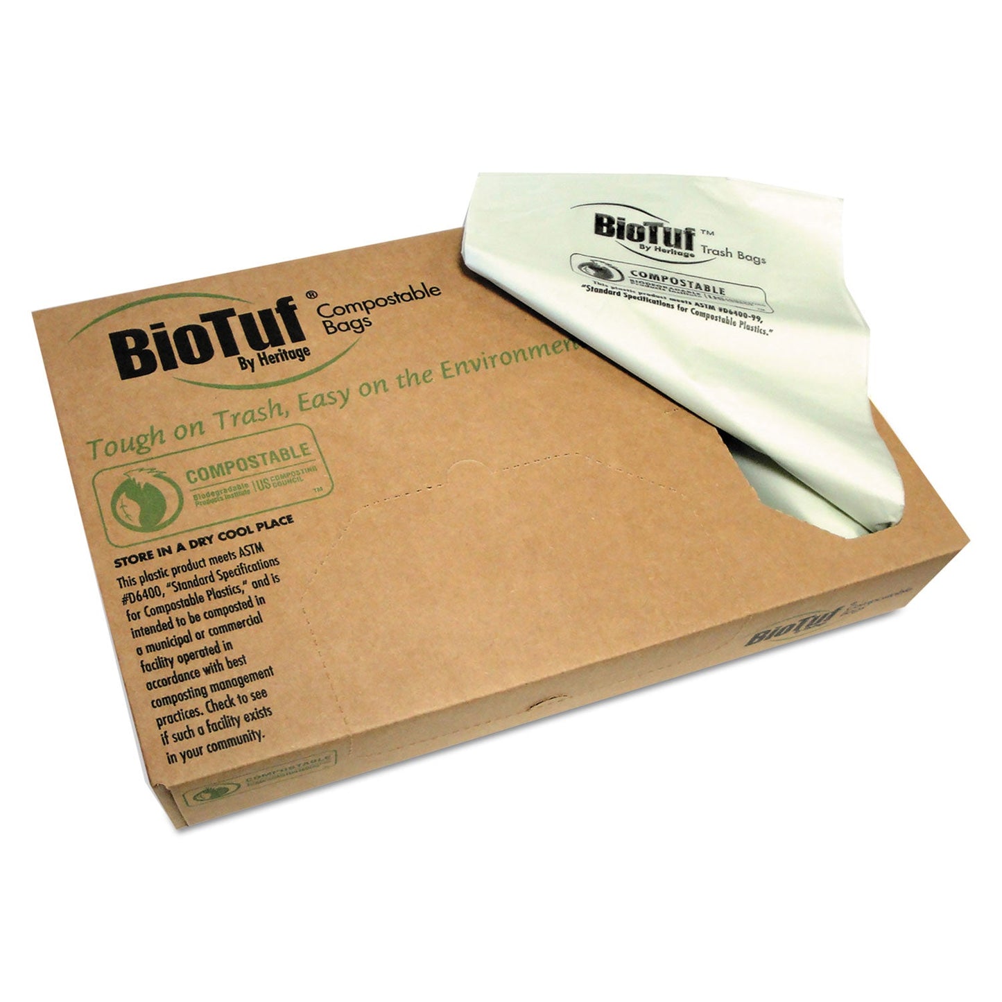 Heritage Biotuf Compostable Can Liners, 30 gal, 0.88 mil, 30" x 39", Green, 150/Carton