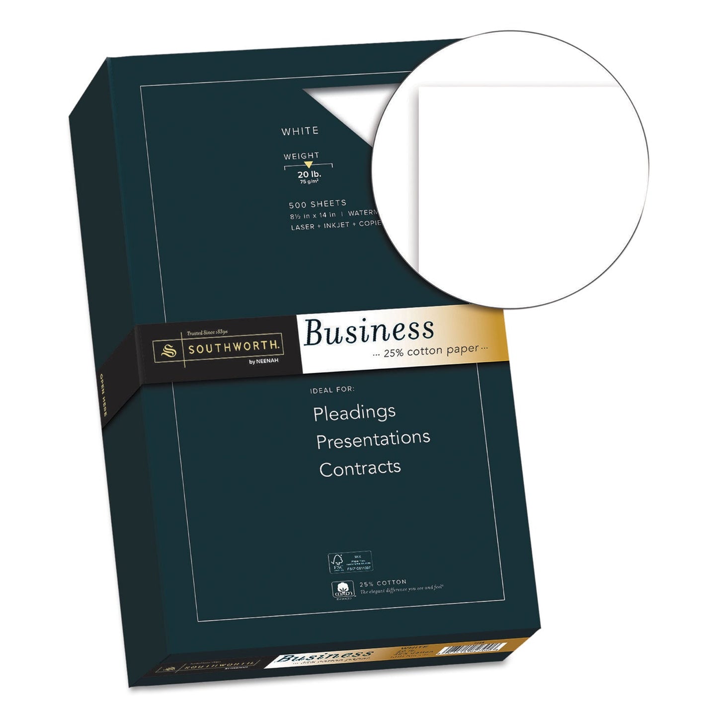 Southworth 25% Cotton Business Paper, 95 Bright, 20 lb Bond Weight, 8.5 x 14, White, 500 Sheets/Ream