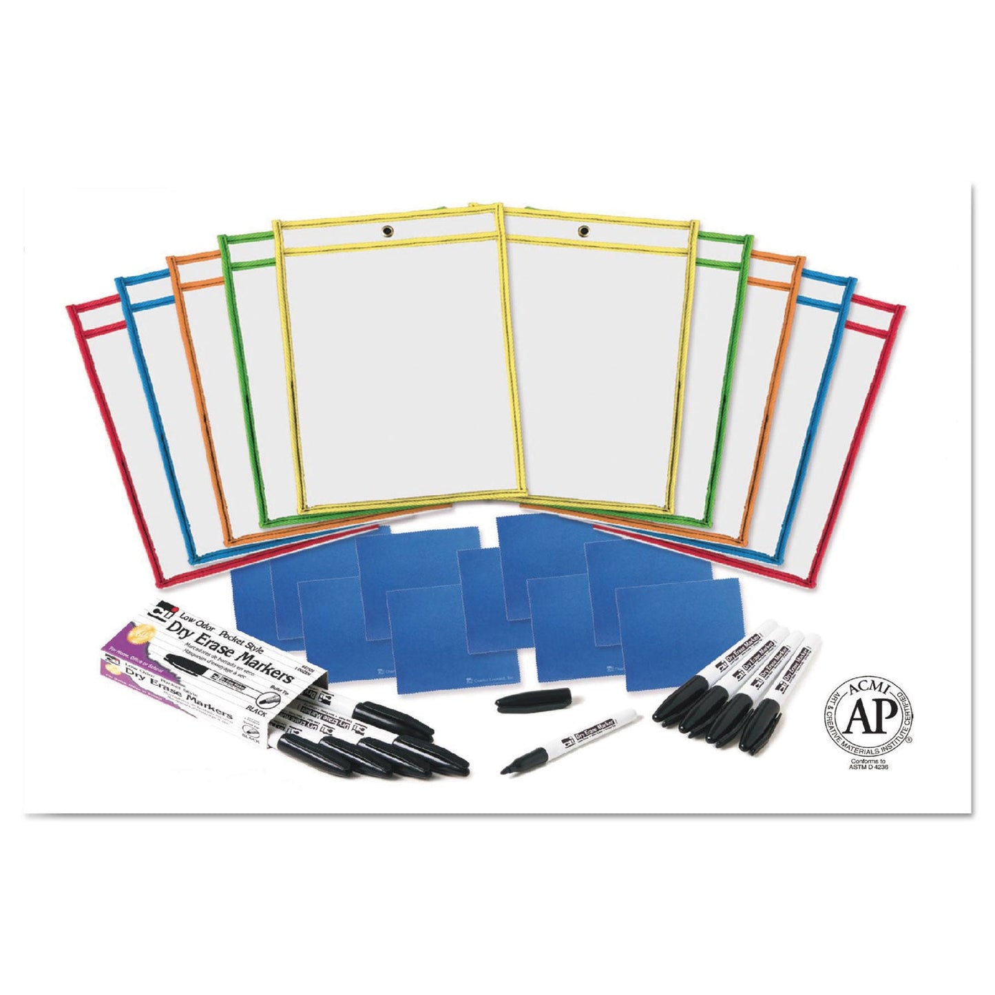 Charles Leonard Dry Erase Pocket Class Pack, 10.5 x 1.5, Assorted Primary Colors, 10/Pack