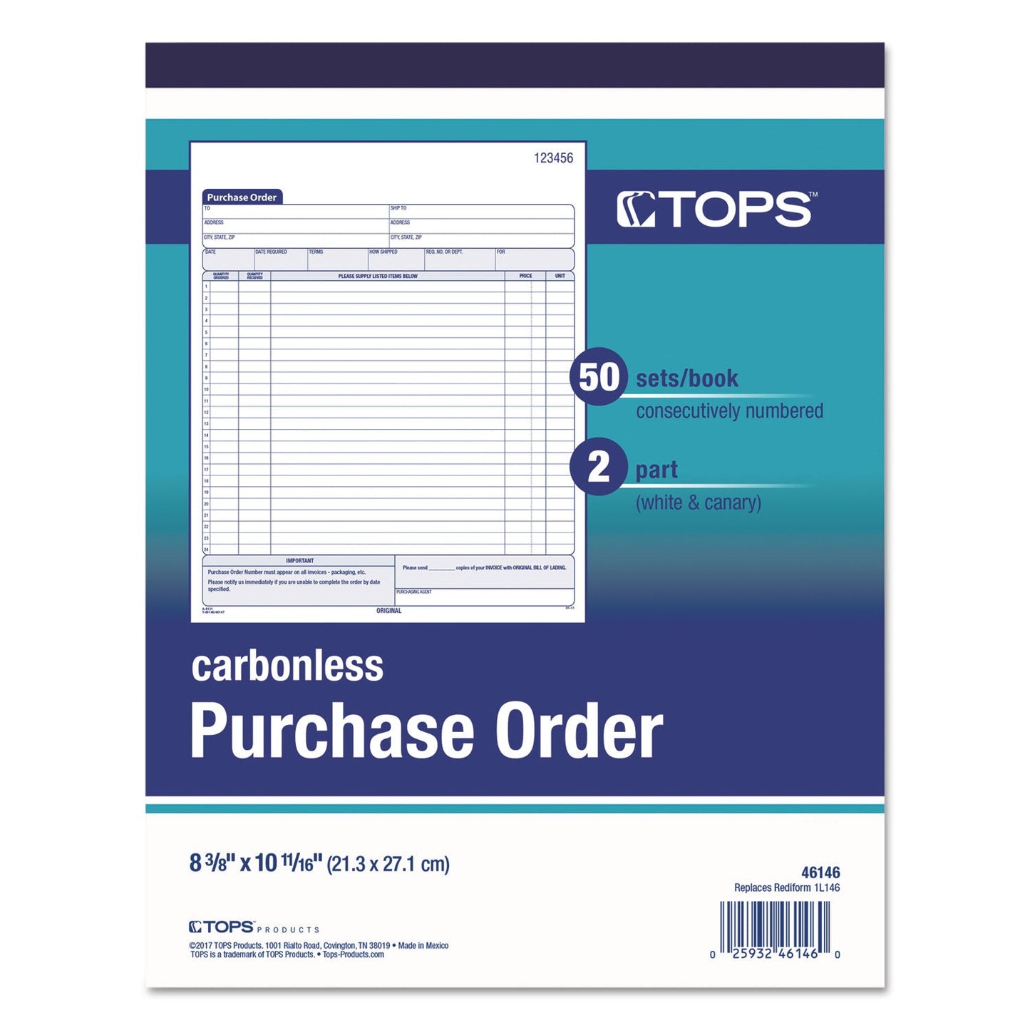 TOPS Purchase Order Book, Two-Part Carbonless, 8.38 x 10.19, 1/Page, 50 Forms