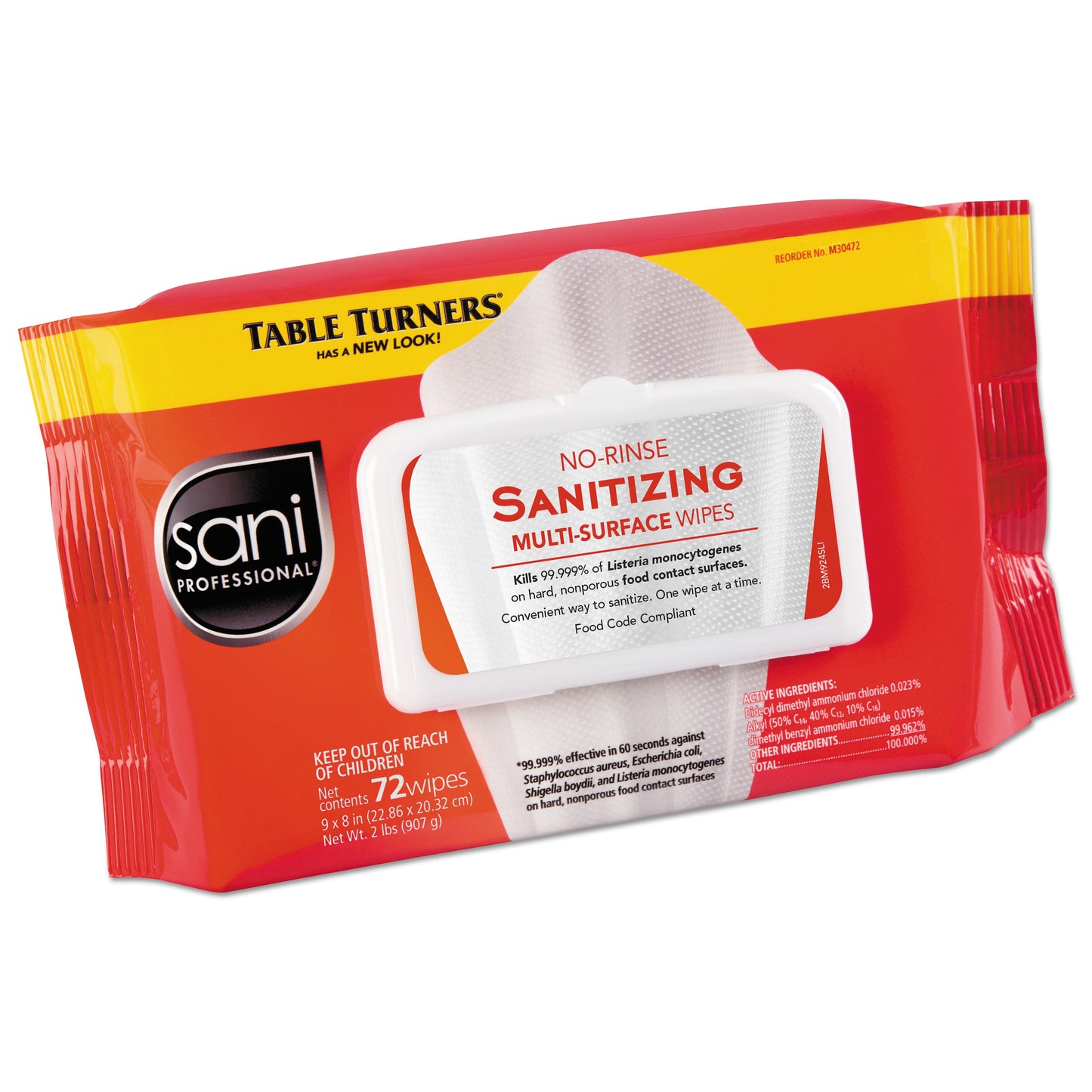 Sani Professional No-Rinse Sanitizing Multi-Surface Wipes, 9 x 8, Unscented, White, 72 Wipes/Pack, 12 Packs/Carton