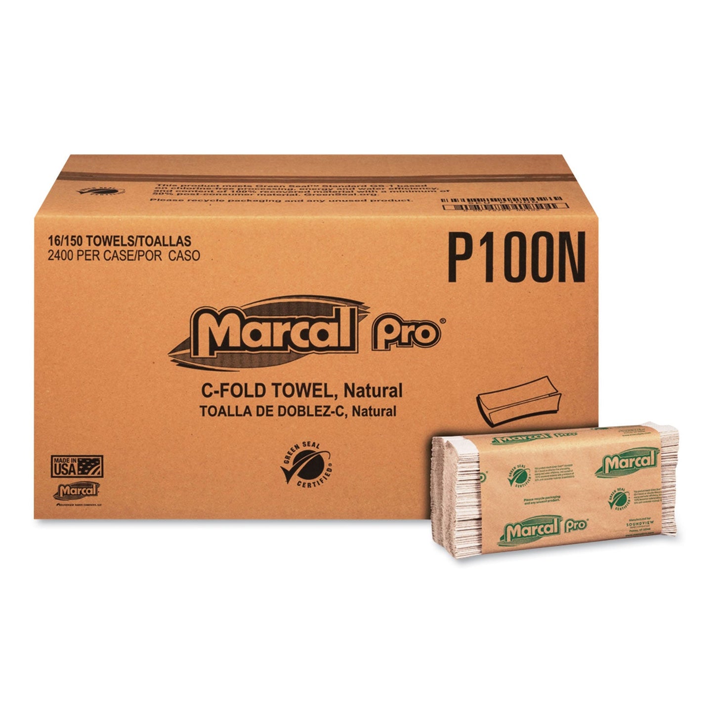 Marcal PRO Folded Paper Towels, 1-Ply, 12.88 x 10.13, Natural, 150/Pack, 16 Packs/Carton