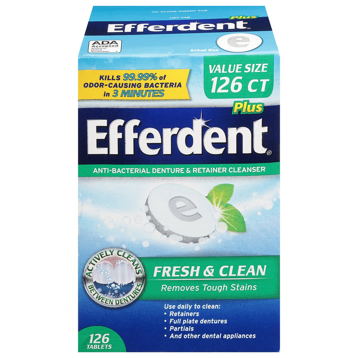 Efferdent Plus Anti-Bacterial Fresh & Clean Denture & Retainer Cleanser Value Size 126 Tablets