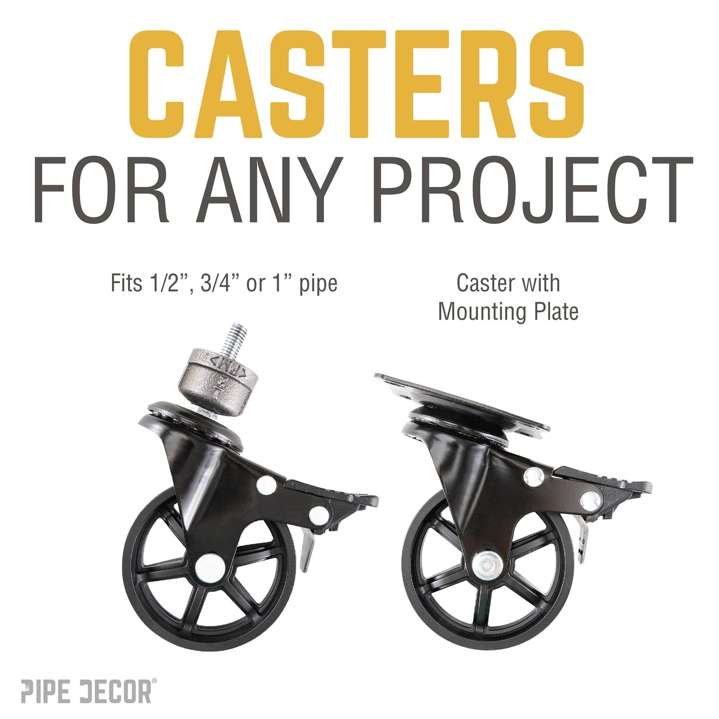 Swivel Caster Wheels for ¾” Pipe with Locking Mechanism (4-Pack)