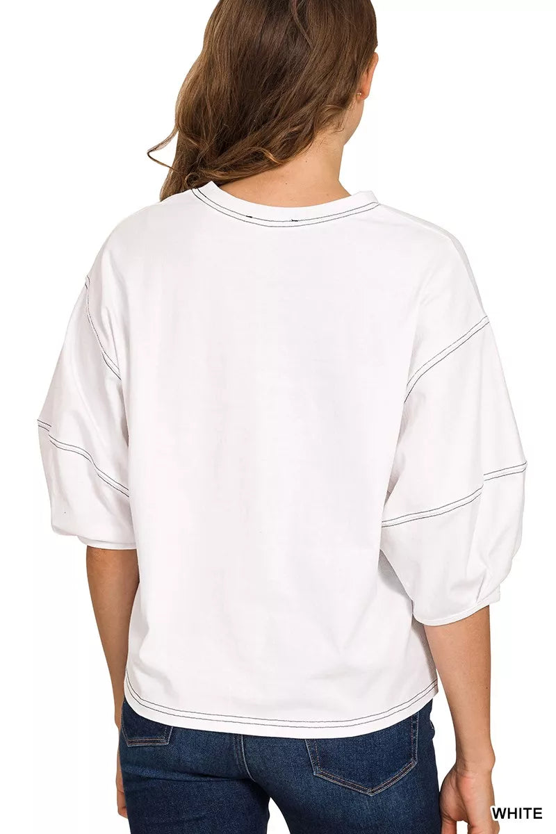 Zenana Balloon Sleeve Top with Contrast Stitching