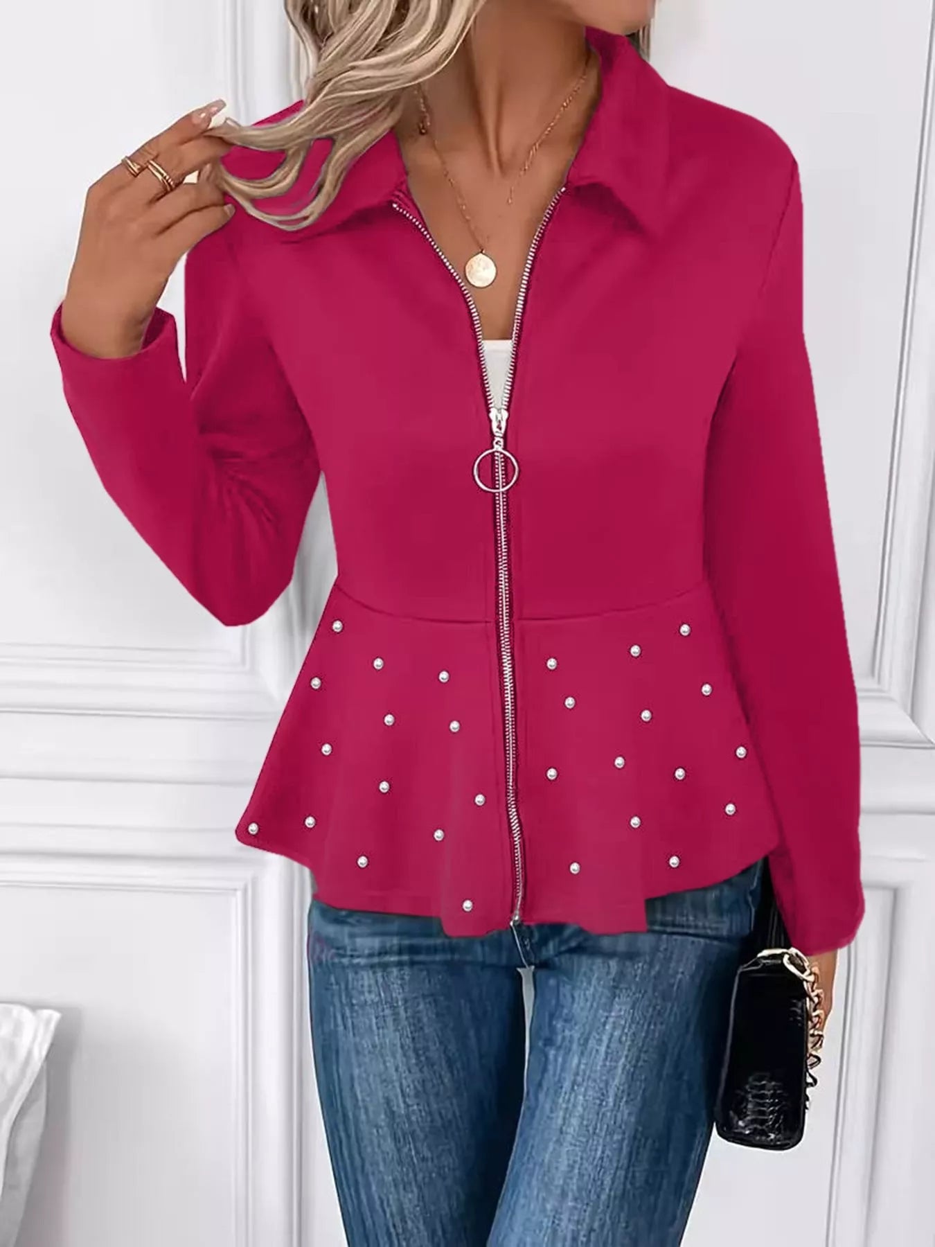 Pearl Embellished Zip-Up Peplum Outerwear