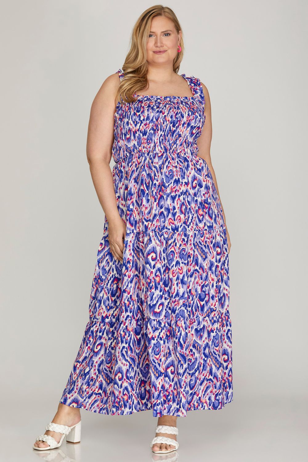 She + Sky Full Size Smocked Printed Wide Strap Tiered Dress Plus Size
