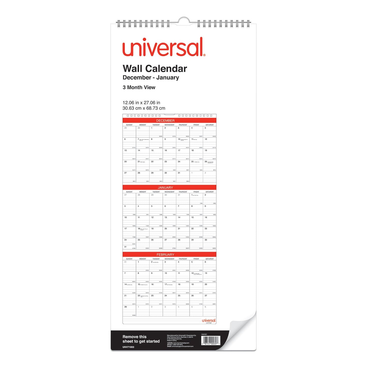 Universal 3-Month Wall Calendar, 12 x 27, White/Black/Red Sheets, 14-Month (Dec to Jan): 2022 to 2024