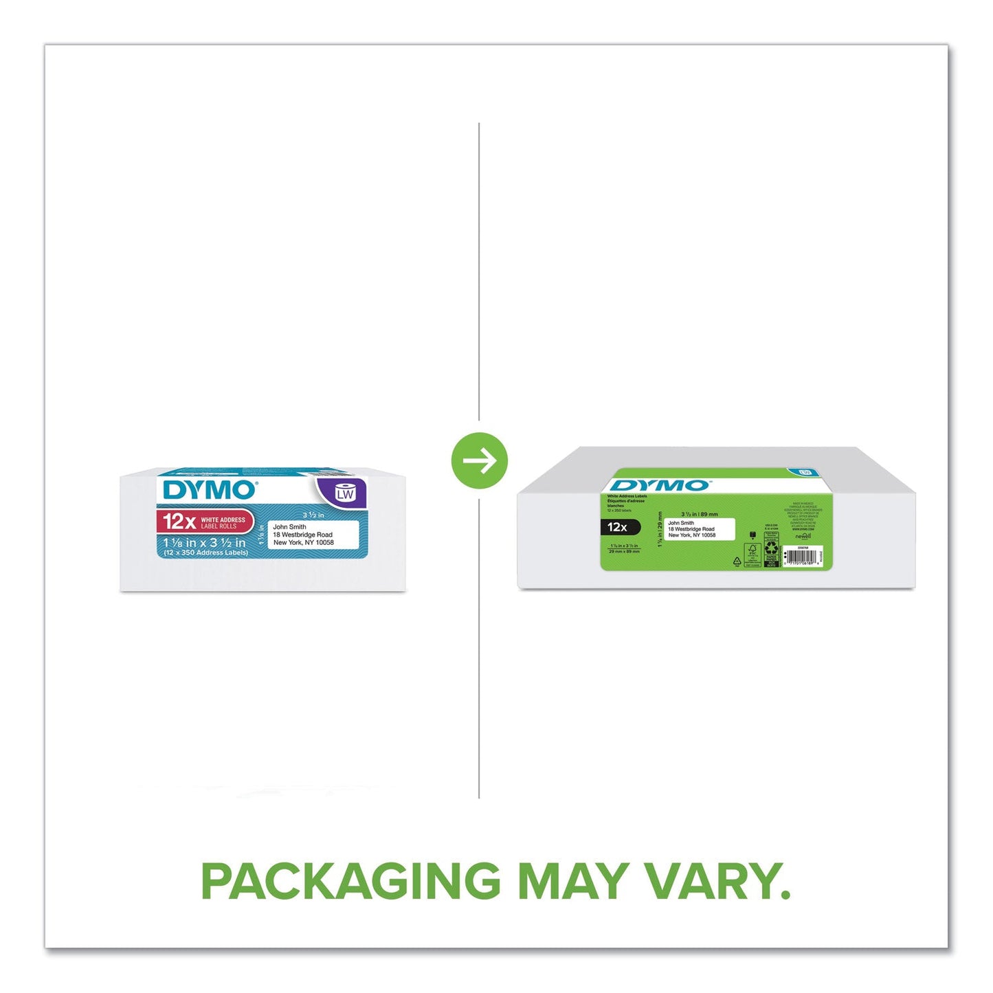 DYMO LW Address Labels, 1.13" x 3.5", White, 350 Labels/Roll, 12 Rolls/Pack