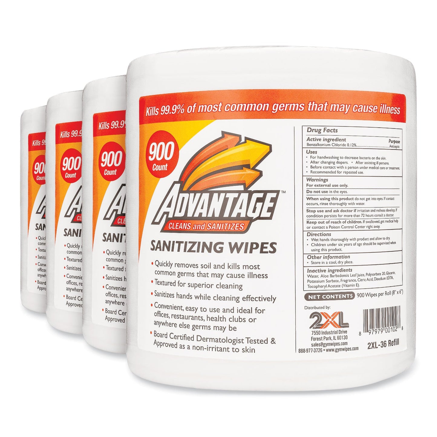 2XL Gym Wipes Advantage, 6 x 8, White, Unscented, 900/Roll, 4 Rolls/Carton