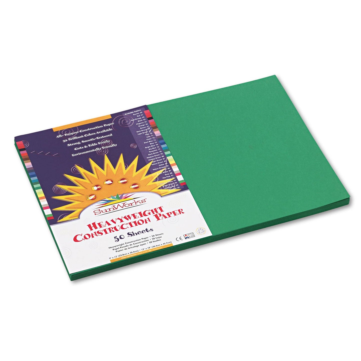 Prang SunWorks Construction Paper, 50 lb Text Weight, 12 x 18, Holiday Green, 50/Pack