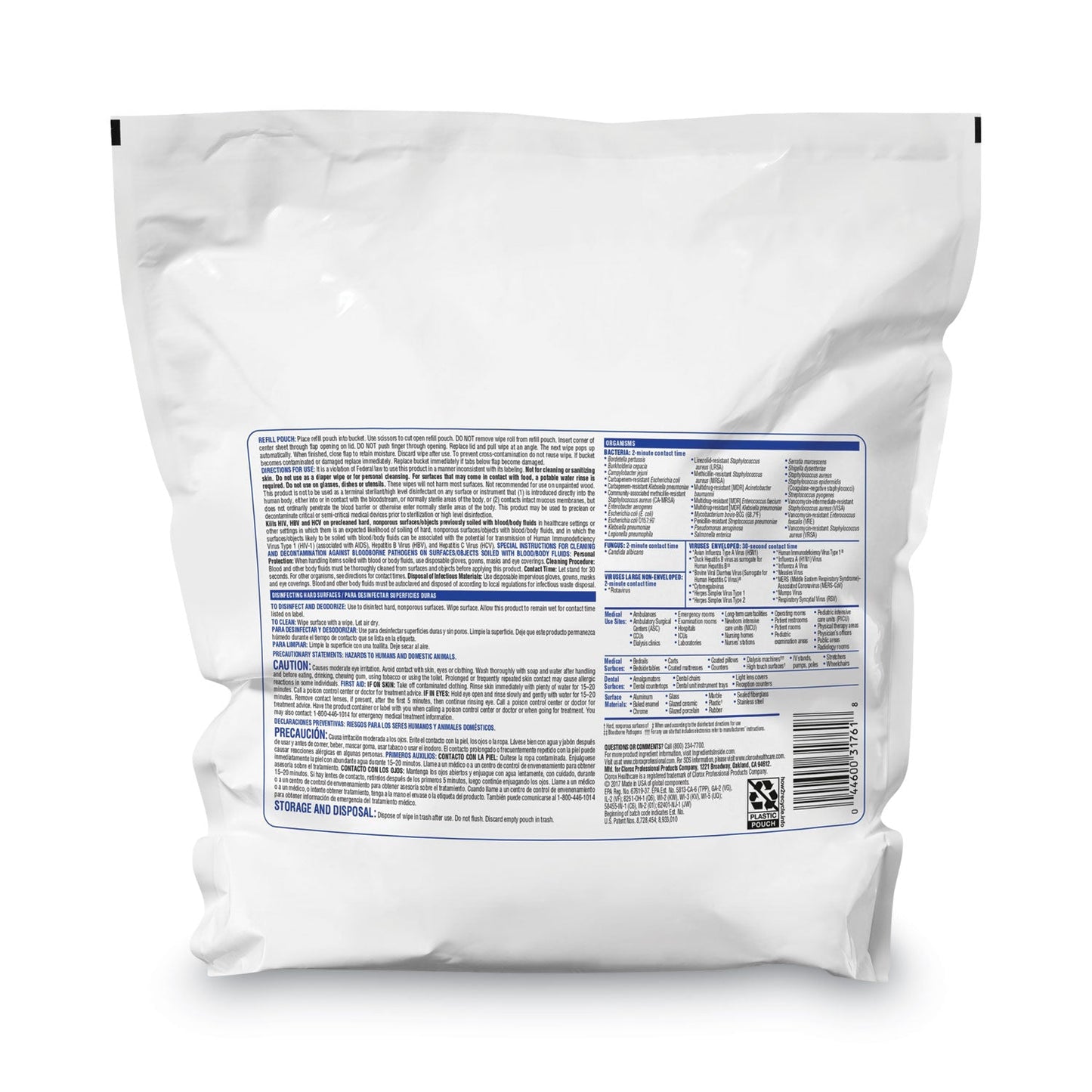 Clorox VersaSure Cleaner Disinfectant Wipes, 1-Ply, 12 x 12, White, 110/Pouch, 2/Carton