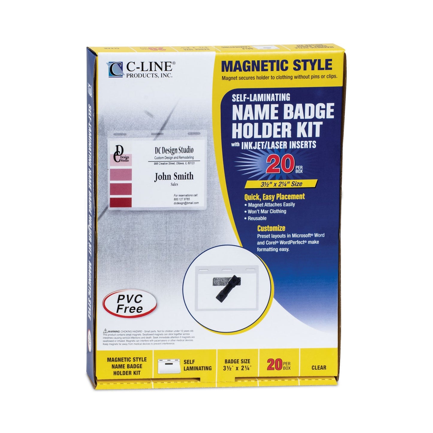 C-Line Self-Laminating Magnetic Style Name Badge Holder Kit, 2" x 3", Clear, 20/Box