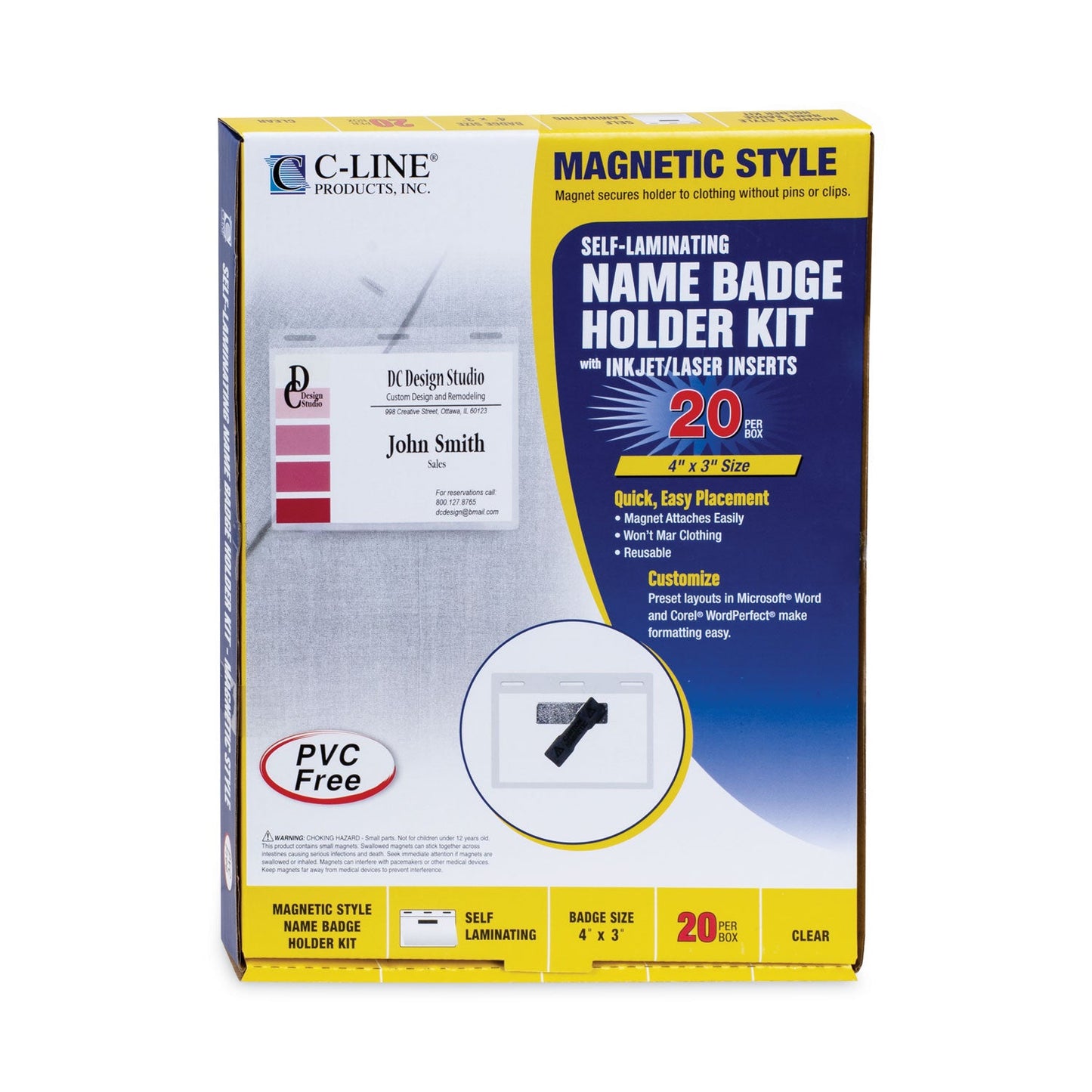C-Line Self-Laminating Magnetic Style Name Badge Holder Kit, 3" x 4", Clear, 20/Box