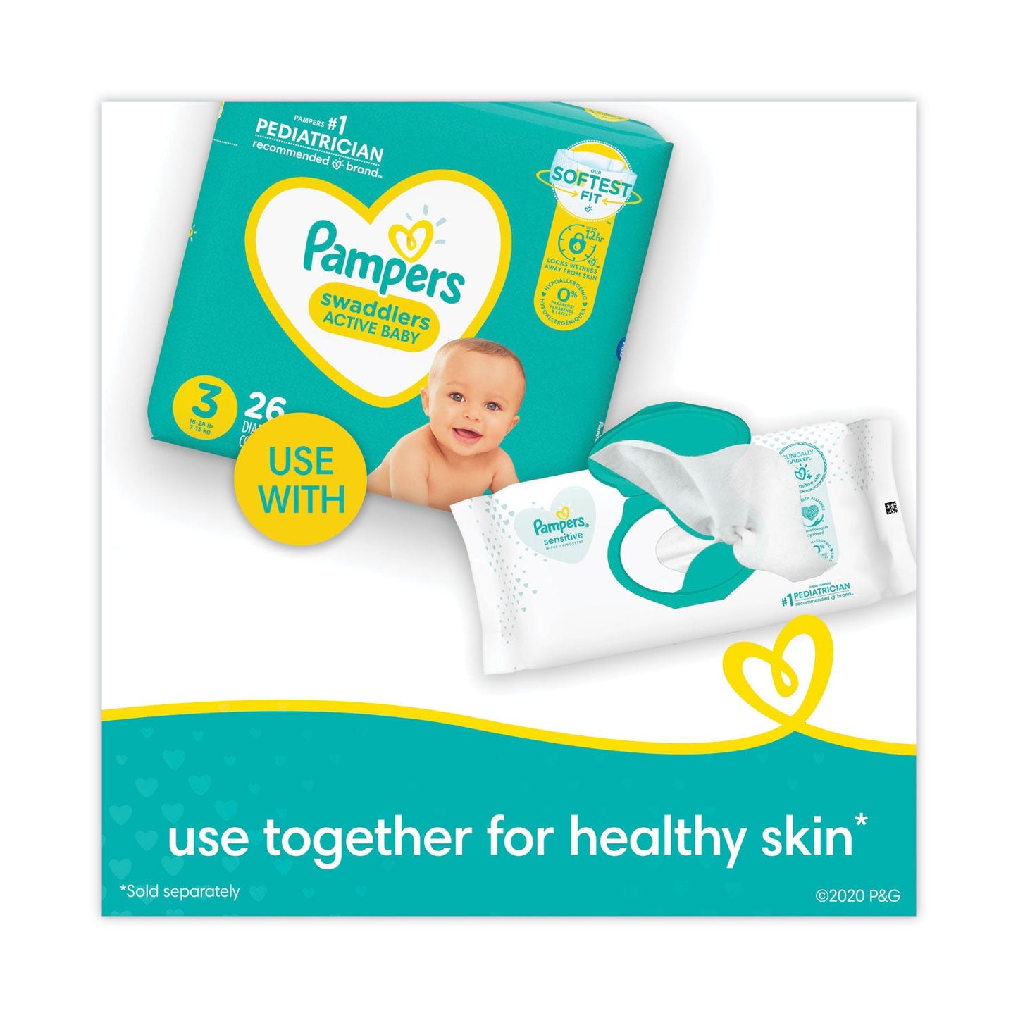 Pampers Sensitive Baby Wipes, 6.8 x 7, Unscented, White, 56/Pack