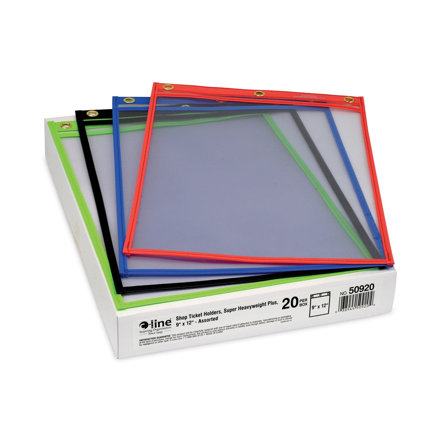 C-Line Heavy-Duty Super Heavyweight Plus Stitched Shop Ticket Holders, Clear/Assorted, 9 x 12, 20/Box