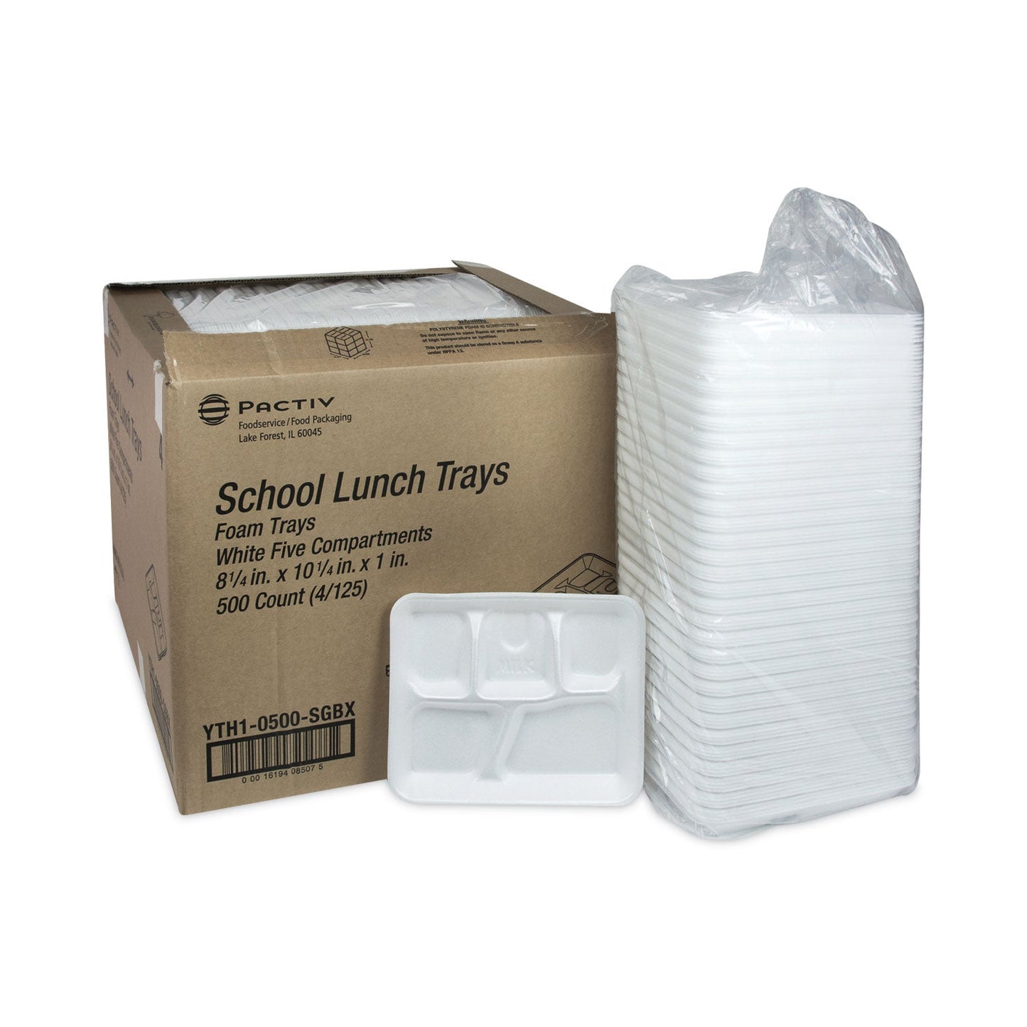 Pactiv Evergreen Foam School Trays, 5-Compartment, 8.25 x 10.5 x 1, White, 500/Carton