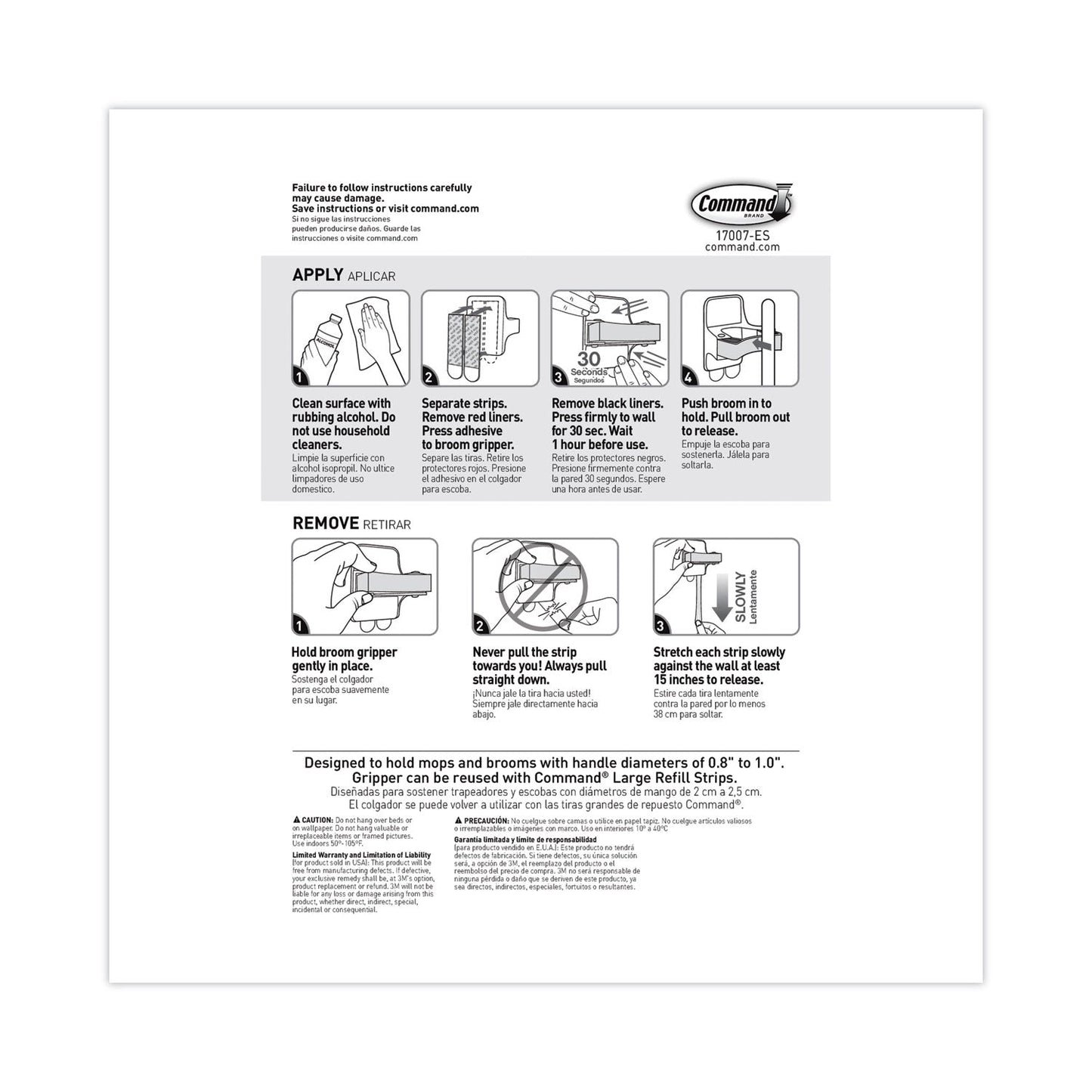 Command Broom Gripper, 3.12w x 1.85d x 3.34h, White/Gray, 6 Grippers/16 Strips/Pack