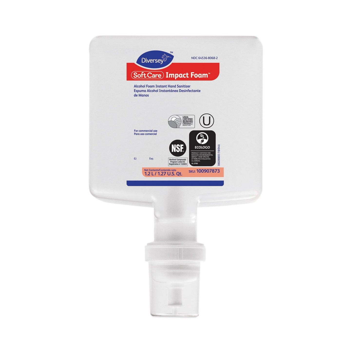 Diversey Soft Care Impact Foam Hand Sanitizer for IntelliCare Dispensers, 1,200 mL Cartridge, Alcohol Scent, 6/Carton
