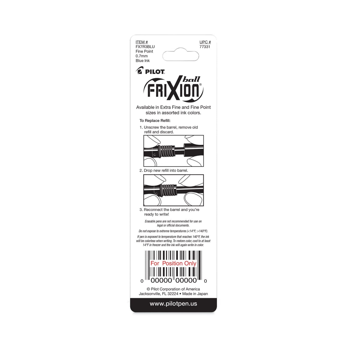 Pilot Refill for Pilot FriXion Erasable, FriXion Ball, FriXion Clicker and FriXion LX Gel Ink Pens, Fine Tip, Blue Ink, 3/Pack