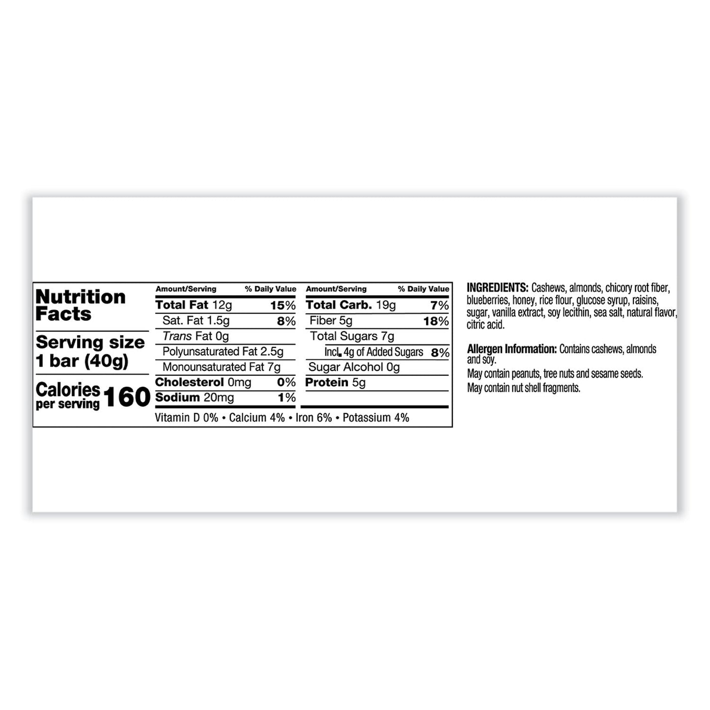 KIND Fruit and Nut Bars, Blueberry Vanilla and Cashew, 1.4 oz Bar, 12/Box
