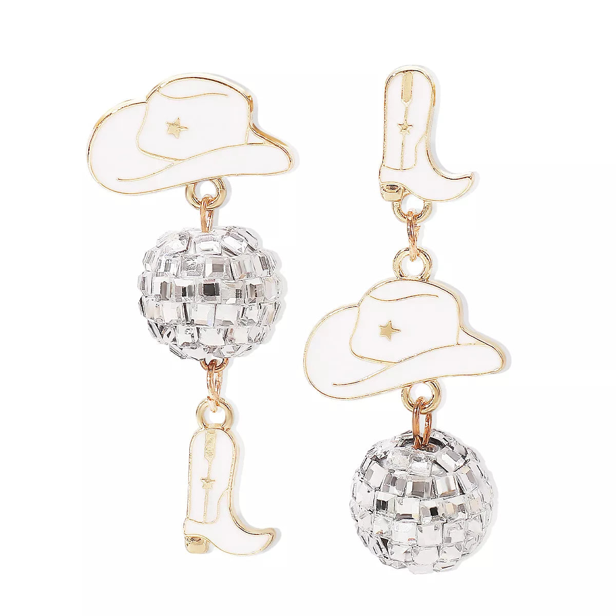 Asymmetrical Cowgirl Boot Hat Ball Dangle Earrings