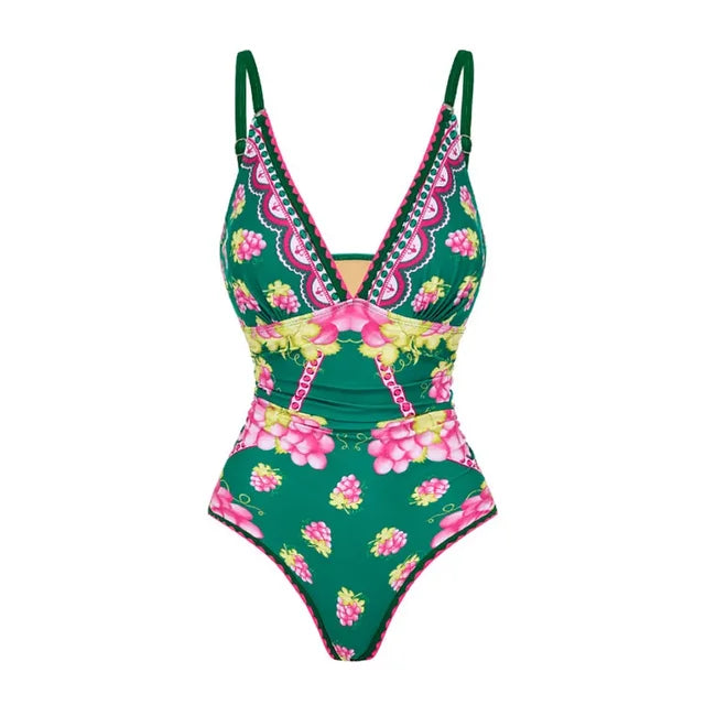 Long sleeved V-neck printed one piece swimsuit for women