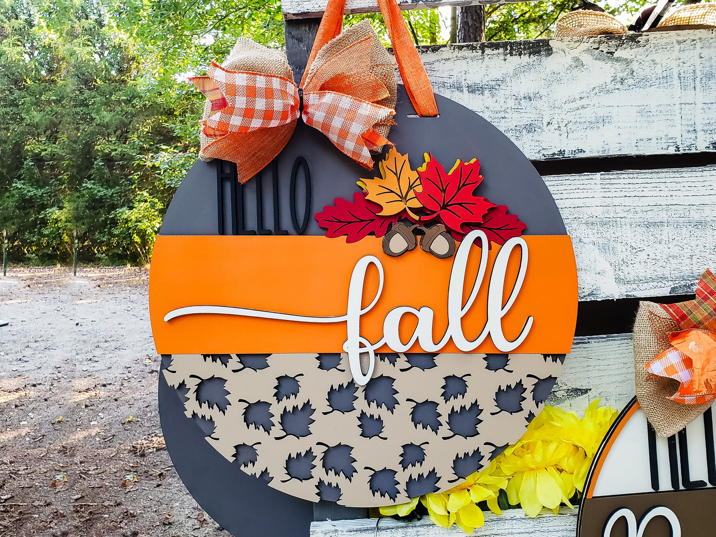 3D HELLO fall with Leaves Acorns and Leaf Overlay Door Hanger Unfinished Kit