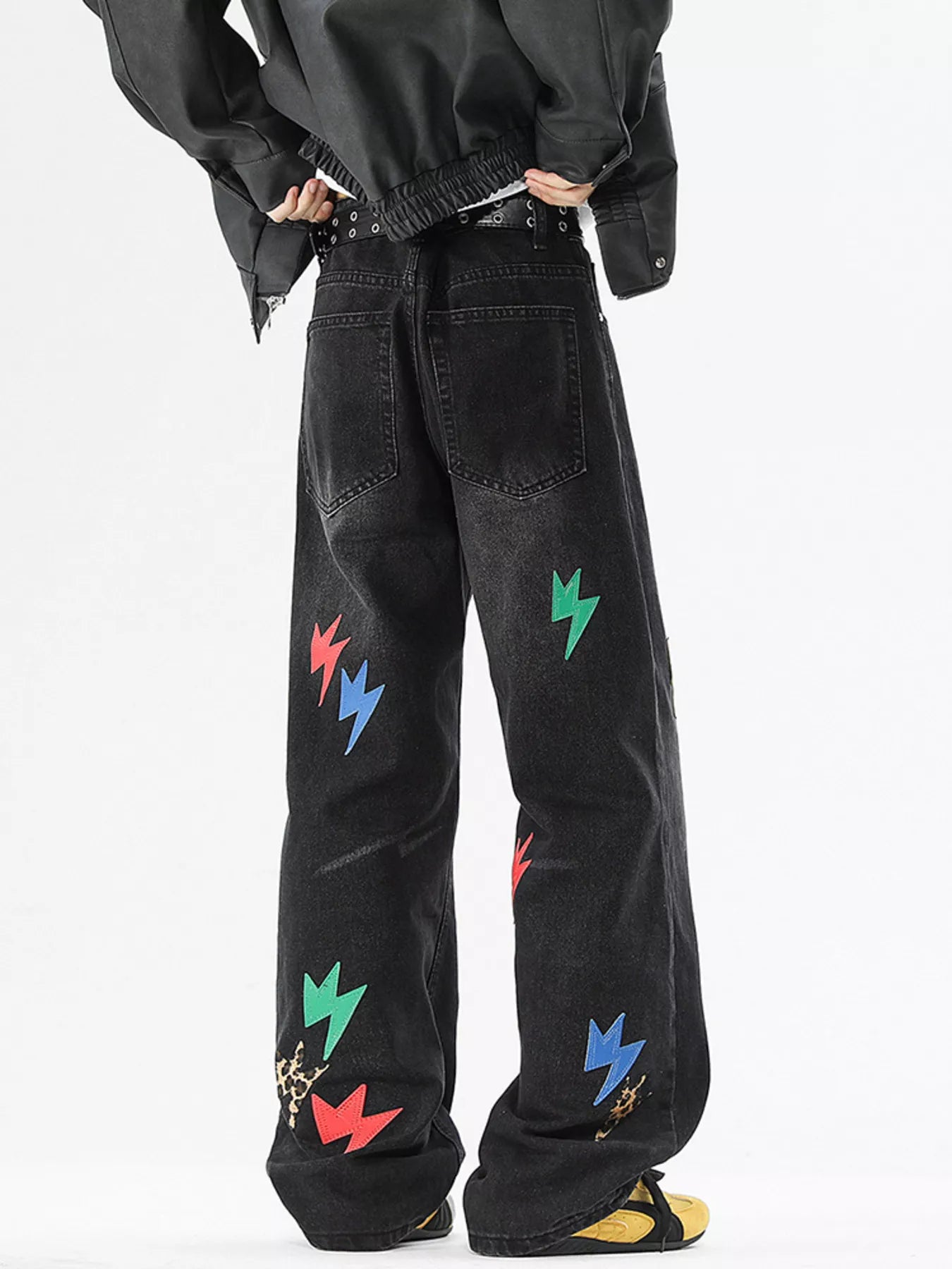 Men's Full Size Lightning Bolt Print Wide Leg Jeans Plus Size