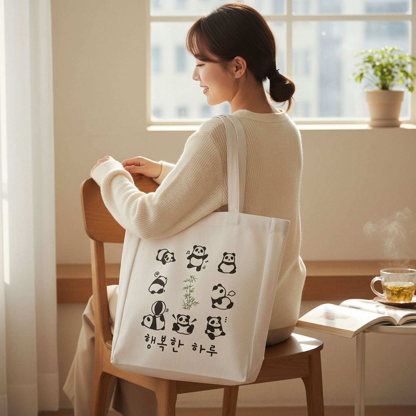 Cute Panda Tote with Zipper - Sustainable Flannel Bag with Inner Pocket