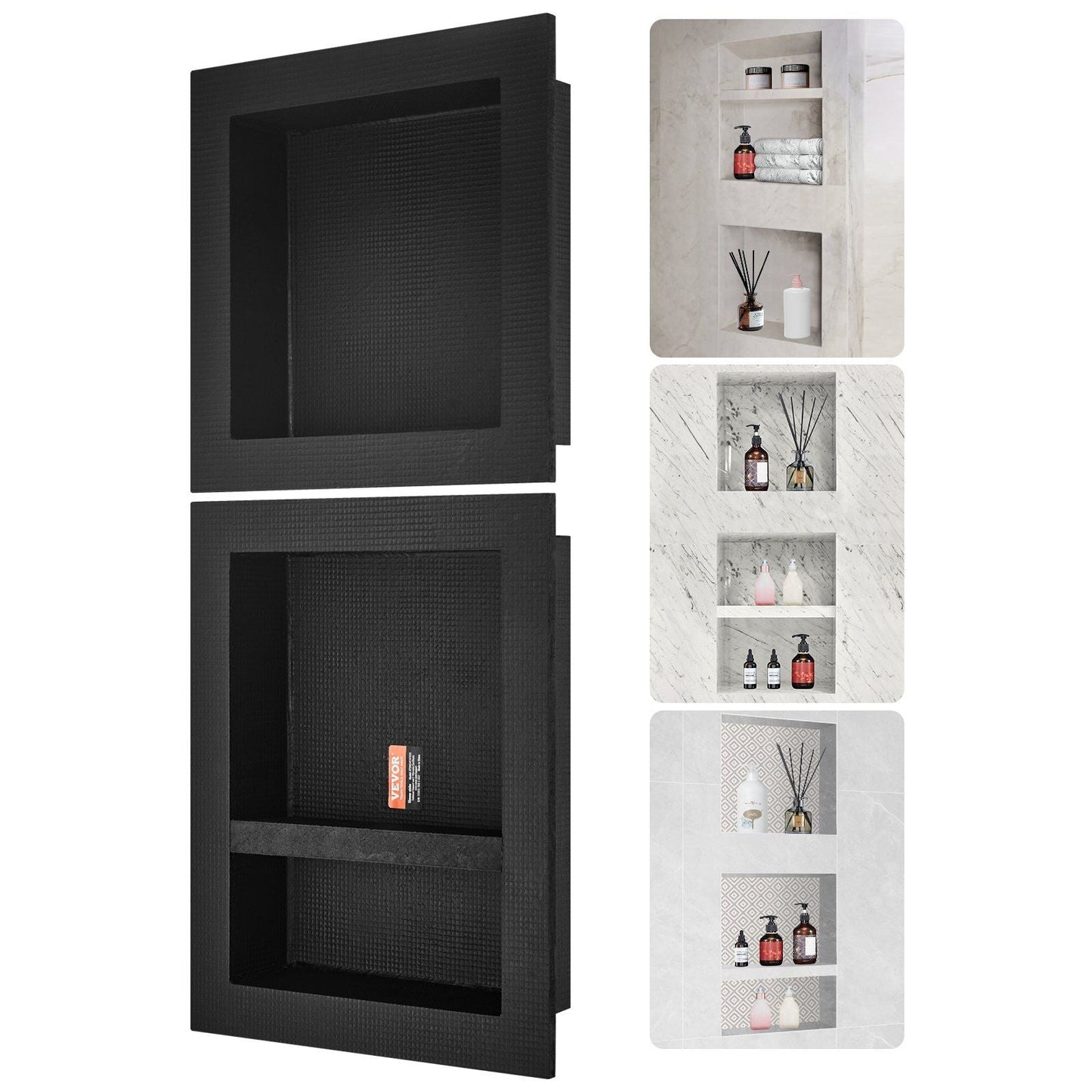 Shower Niche Ready for Tile 16" x 16" & 16" x 20", Triple Shelf Organizer, Square Corners Wall-inserted Niche Recessed, Sealed Protection Modern Soap Storage Niche for Shower Bathroom, Black