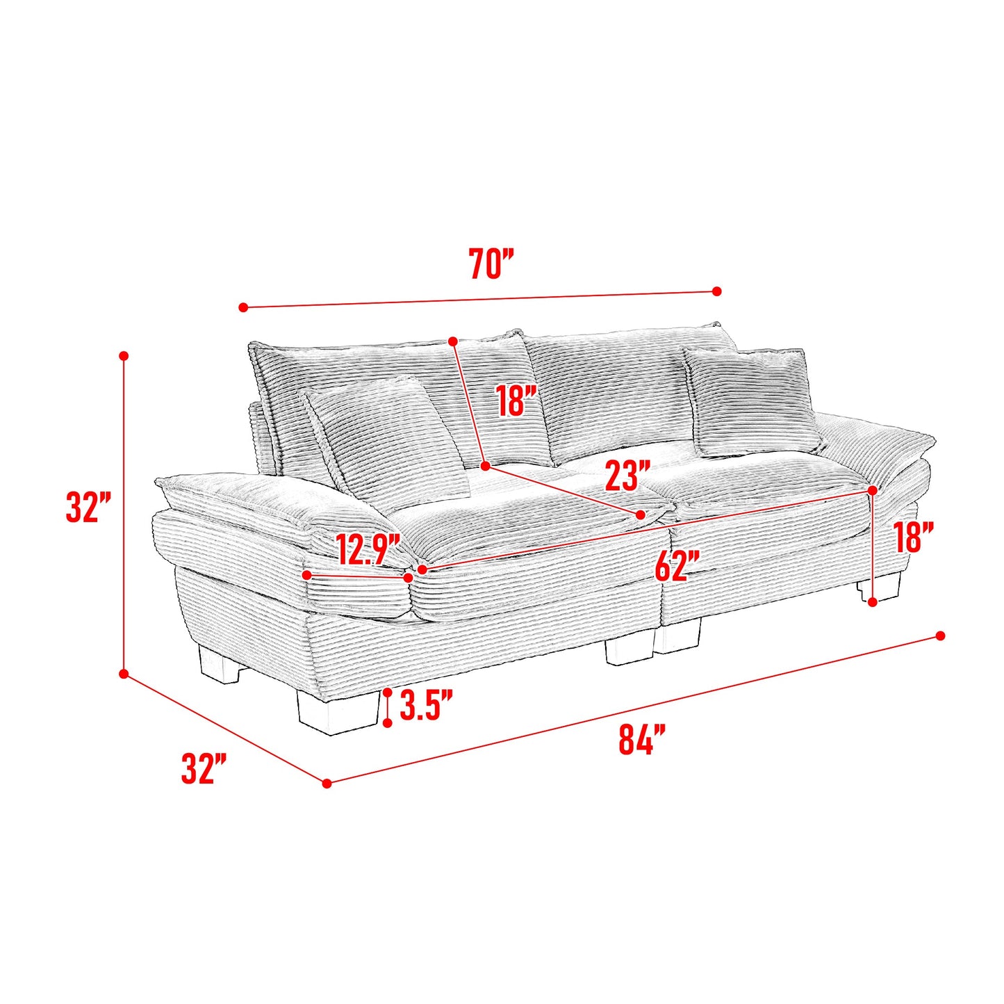 Corduroy Sofa Couch Loveseat Sofa with Pillows