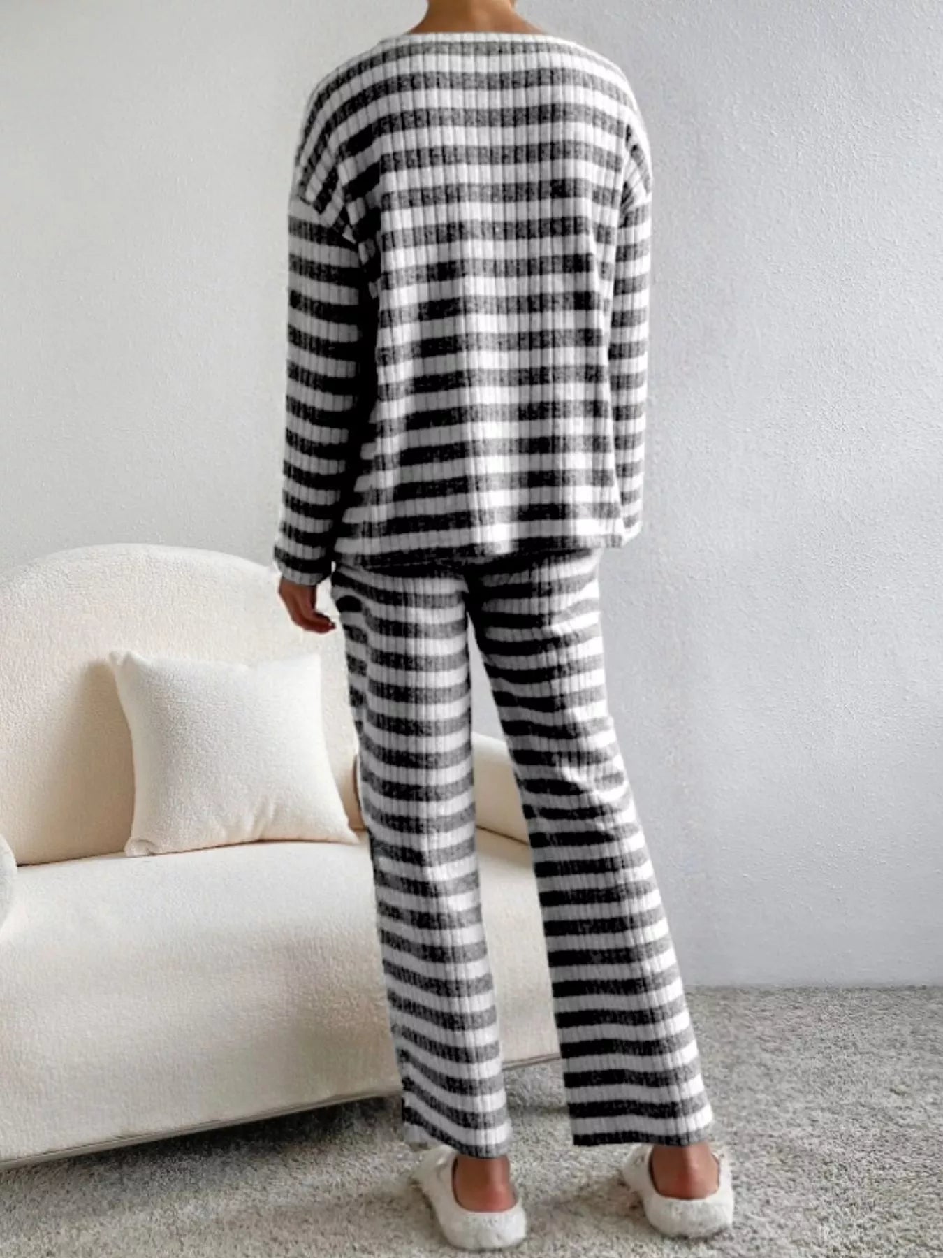Striped Ribbed Knit Top and Pants Set