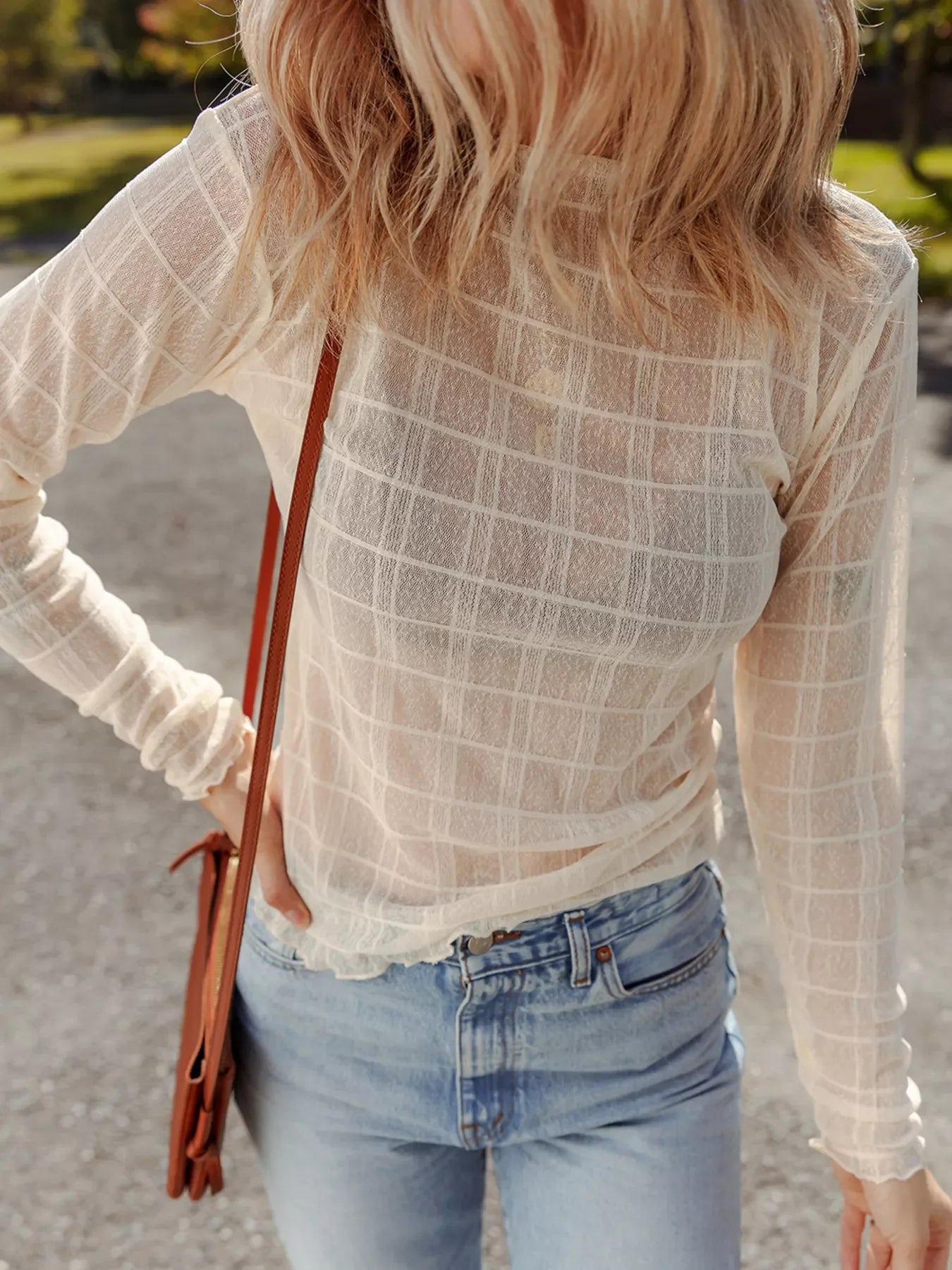 Sheer Plaid Mesh Lettuce Trim Slim Fit Long Sleeve Top