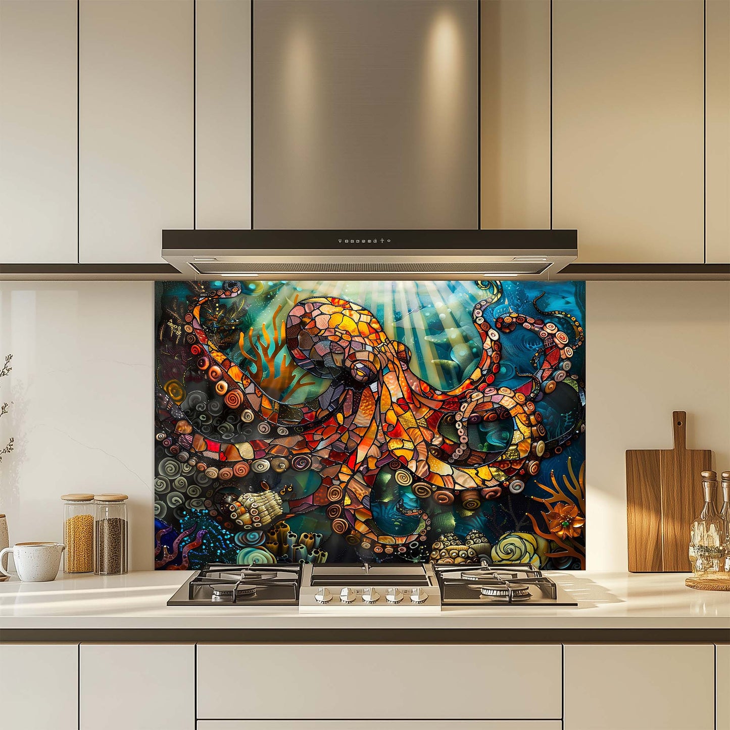 Octopus Odyssey – Tempered Glass Backsplash for Kitchen – Stained Glass Look Splashback