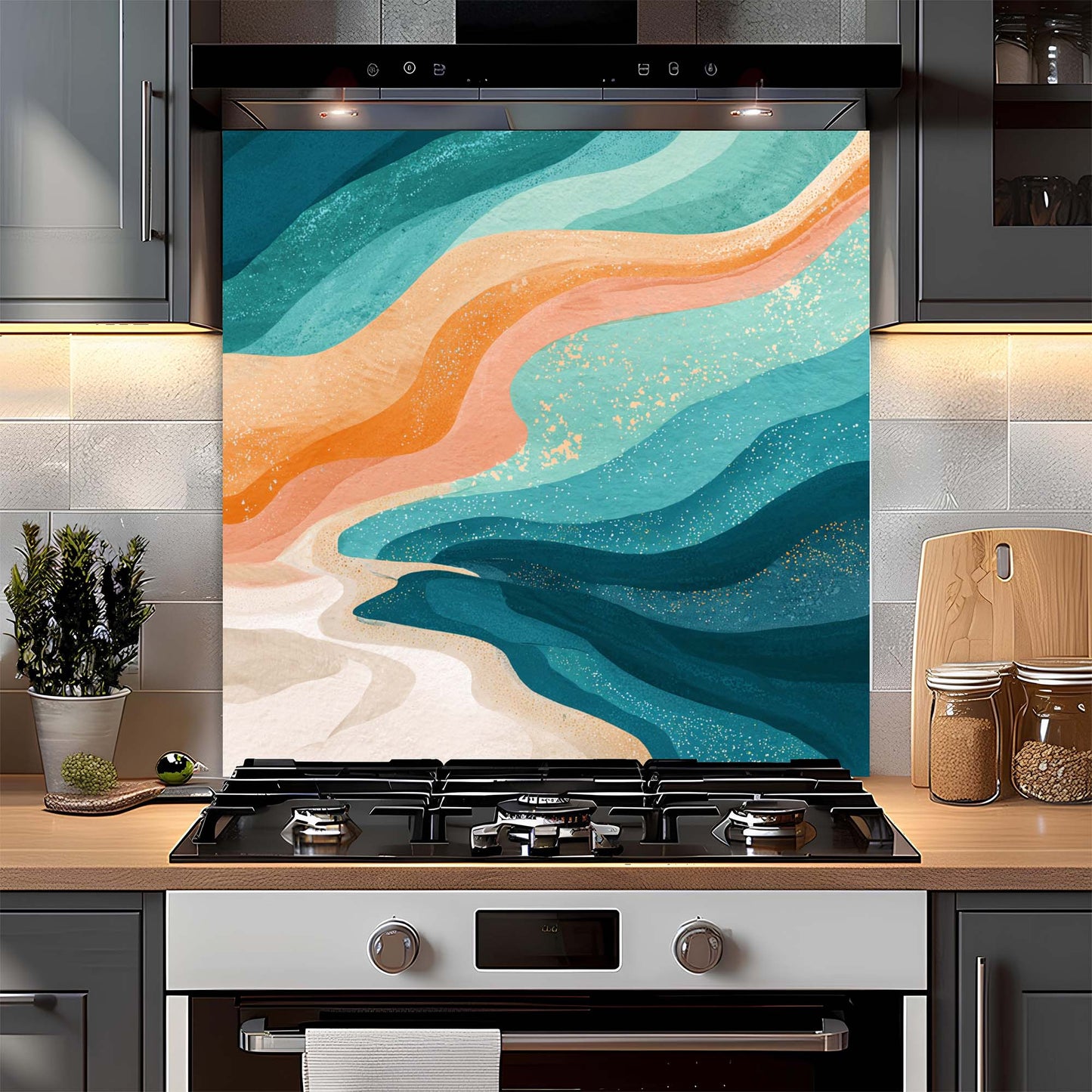 Sunset Tide – Tempered Glass Backsplash for Kitchen – Abstract Ocean Wave Splashback