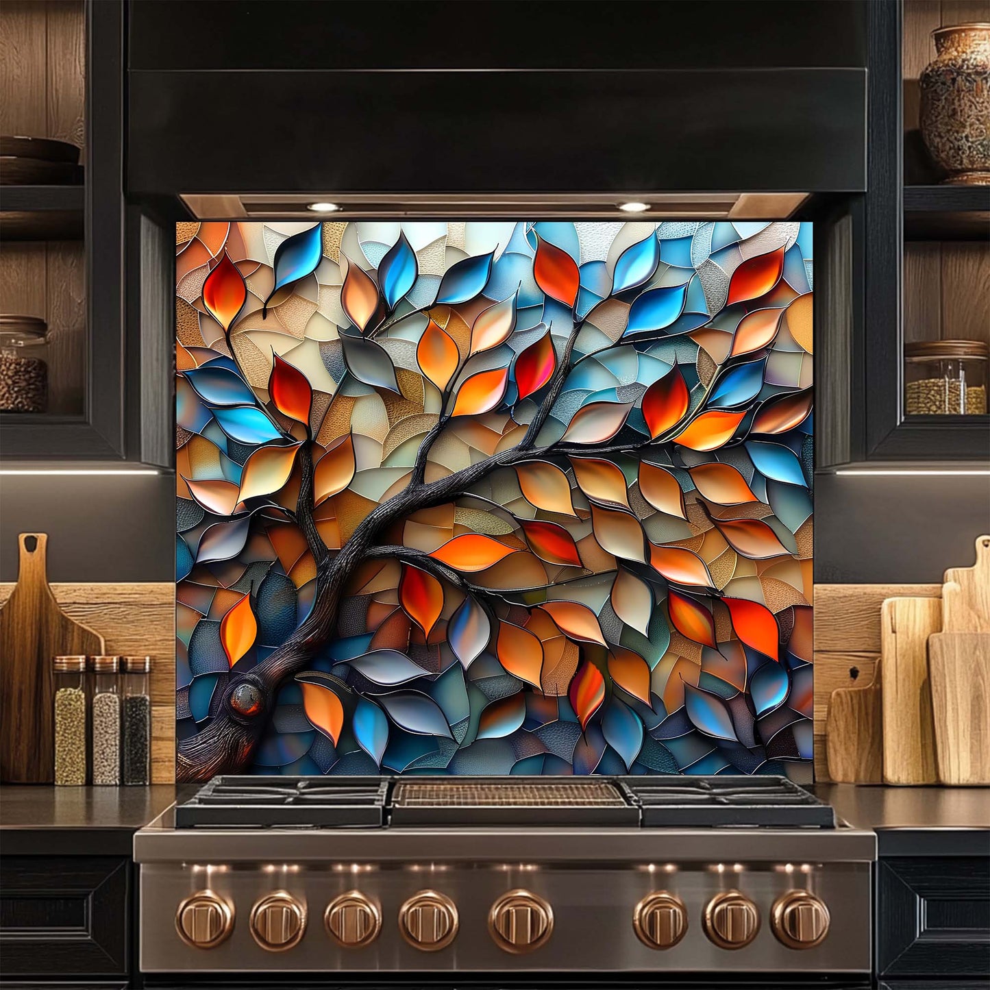 Glassleaf Harmony – Tempered Glass Backsplash for Kitchen Stove | Colorful Branch Backsplash