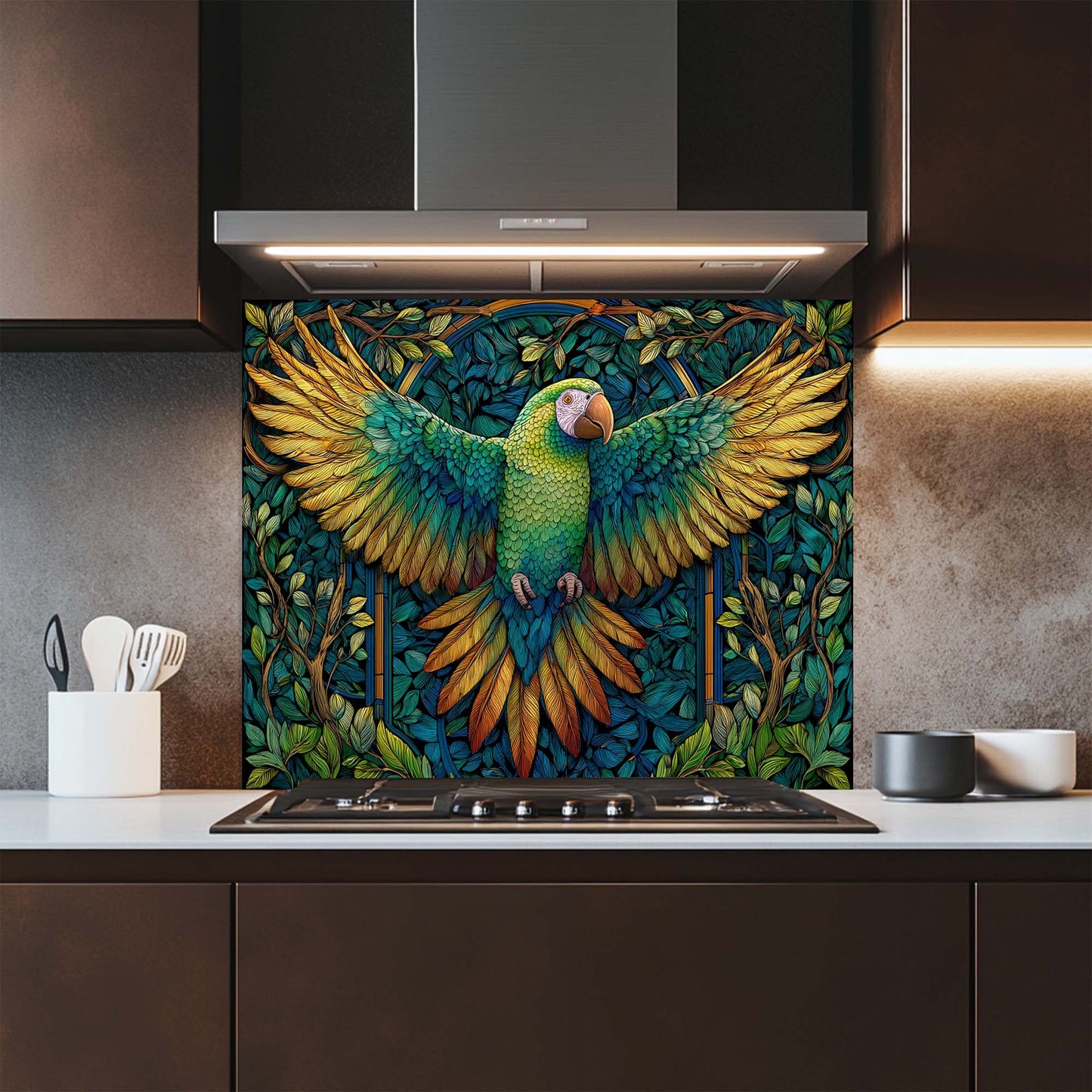 Verdant Flight – Tempered Glass Backsplash for Kitchen Stove | Parrot Mosaic Backsplash