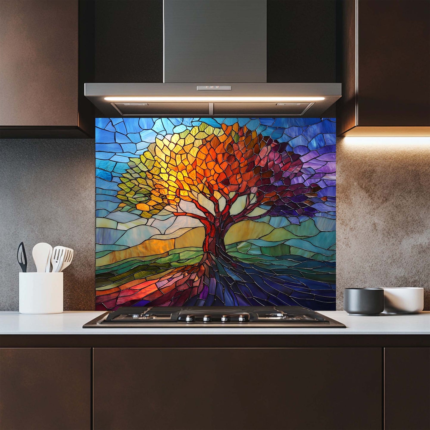 Stained Glass Look Tree of Seasons Backsplash – Tempered Glass Backsplash for Kitchen