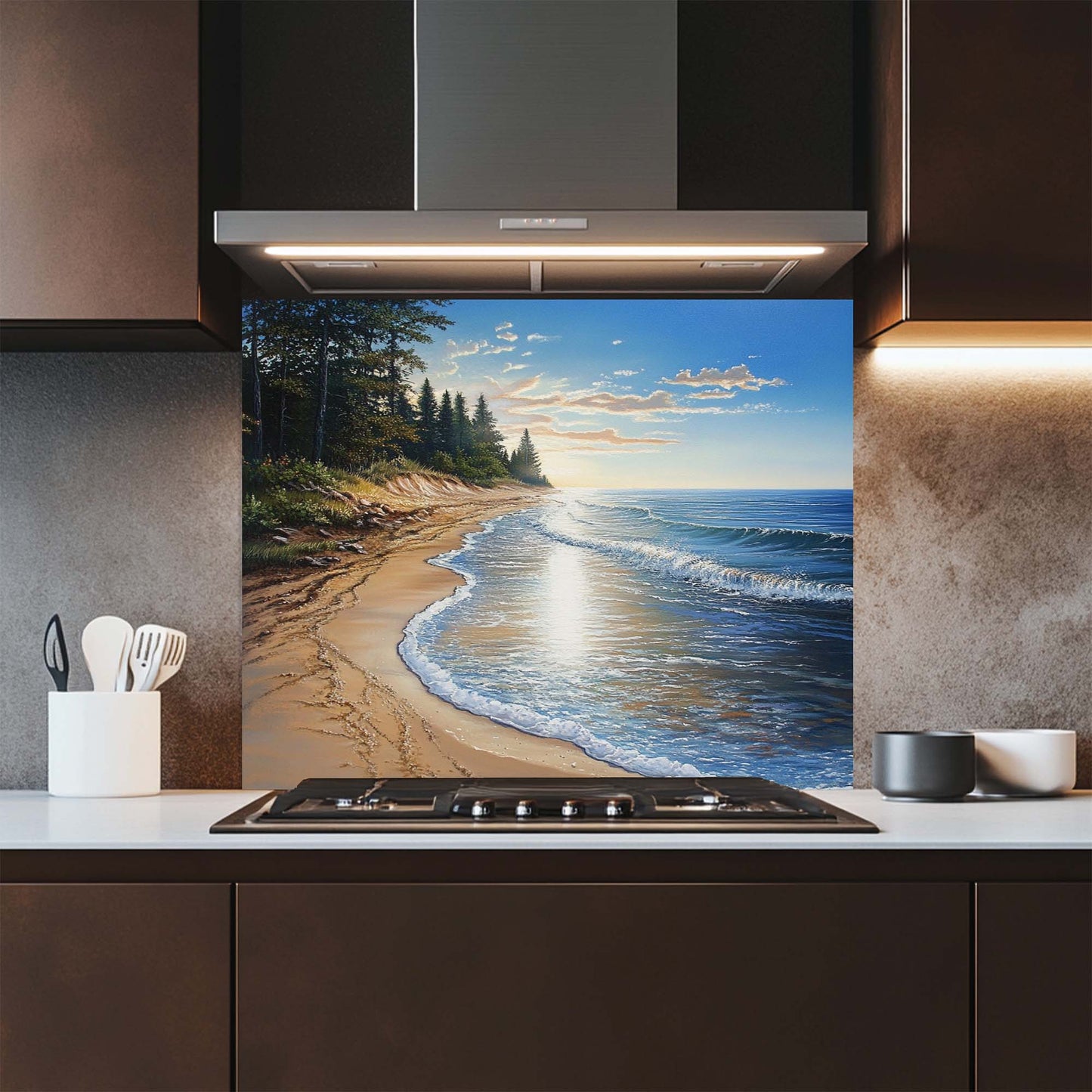 Pine Shore – Tempered Glass Backsplash for Kitchen | Coastal Pine Forest Landscape Backsplash